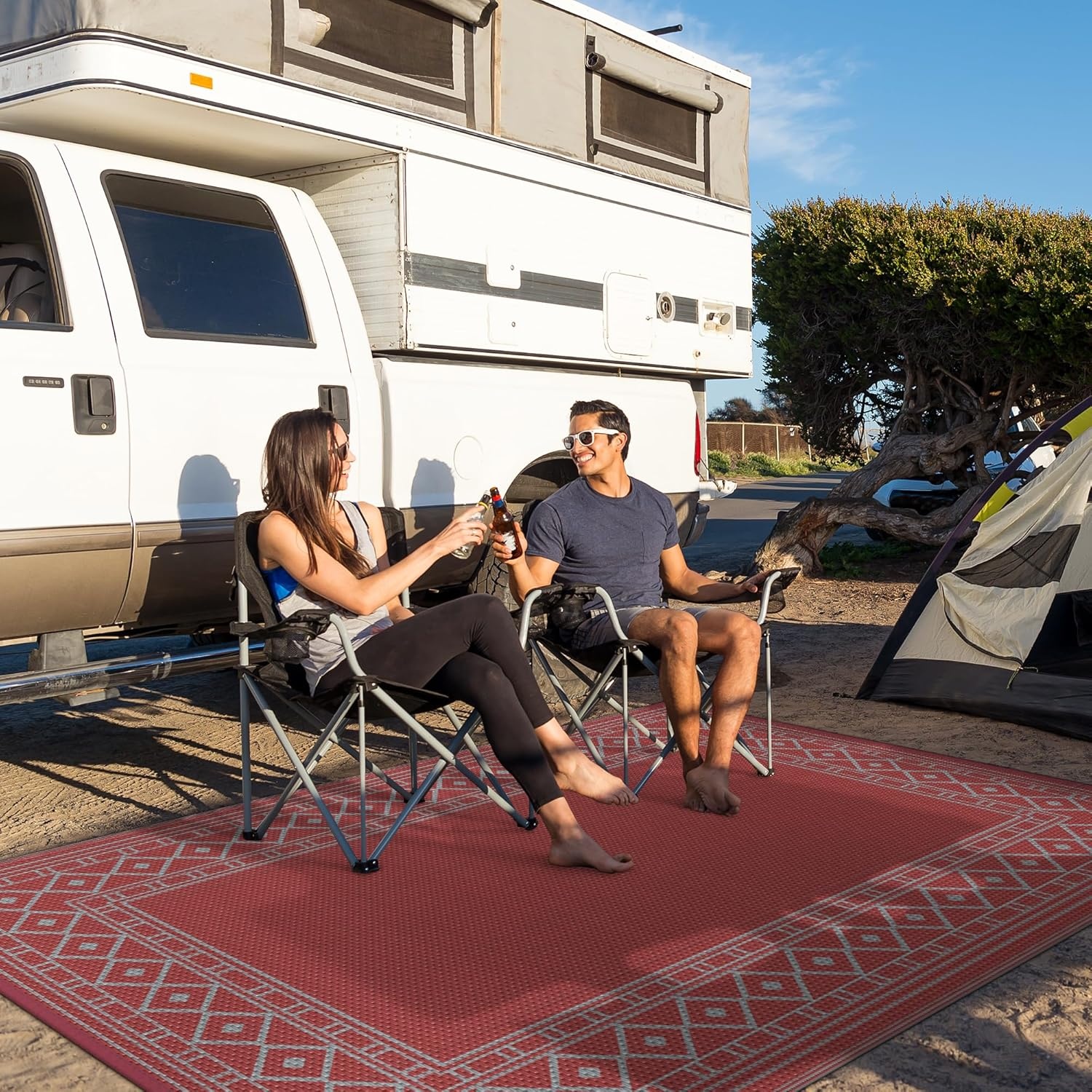 imageGENIMO Outdoor Rug Waterproof 6x9 for Patio Foldable Reversible Plastic Straw Carpet for Travel Trailers Outside Area Mat for Rv Deck Picnic Porch Camper Balcony Beach Purple amp GreyRed Grey Natural