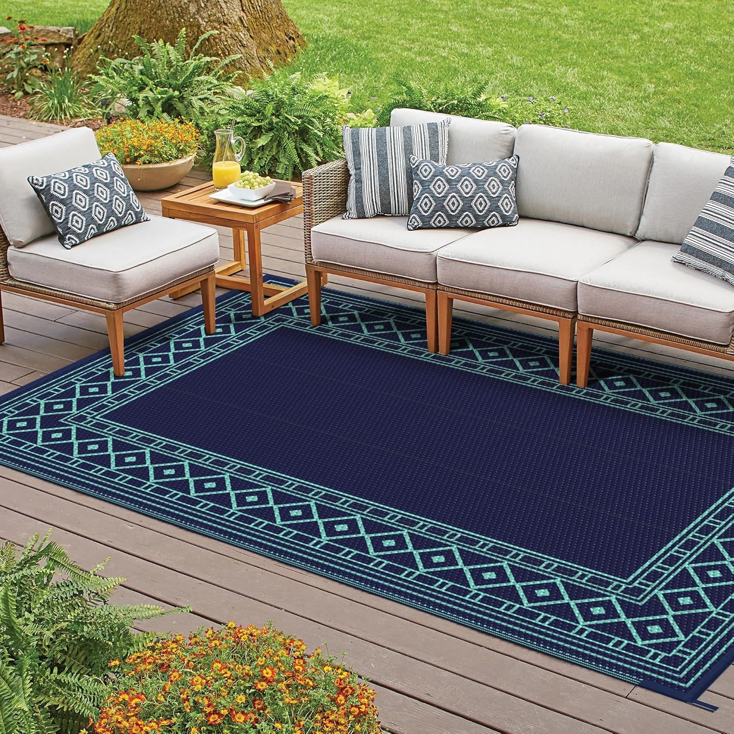 imageGENIMO Outdoor Rug Waterproof 6x9 for Patio Foldable Reversible Plastic Straw Carpet for Travel Trailers Outside Area Mat for Rv Deck Picnic Porch Camper Balcony Beach Purple amp GreyNavy Blue Jade Green Natural