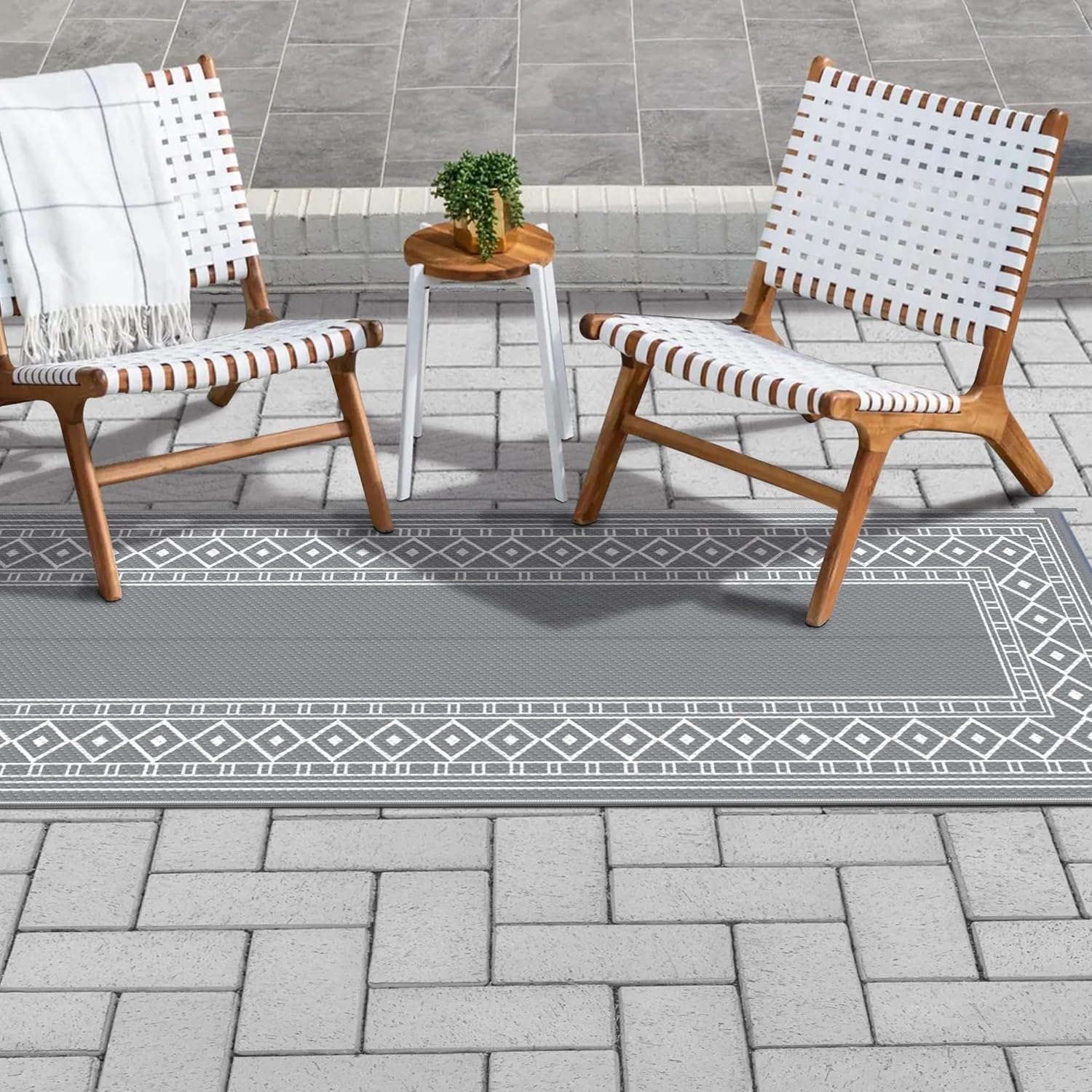 imageGENIMO Outdoor Rug Waterproof 6x9 for Patio Foldable Reversible Plastic Straw Carpet for Travel Trailers Outside Area Mat for Rv Deck Picnic Porch Camper Balcony Beach Purple amp GreyGrey White Natural