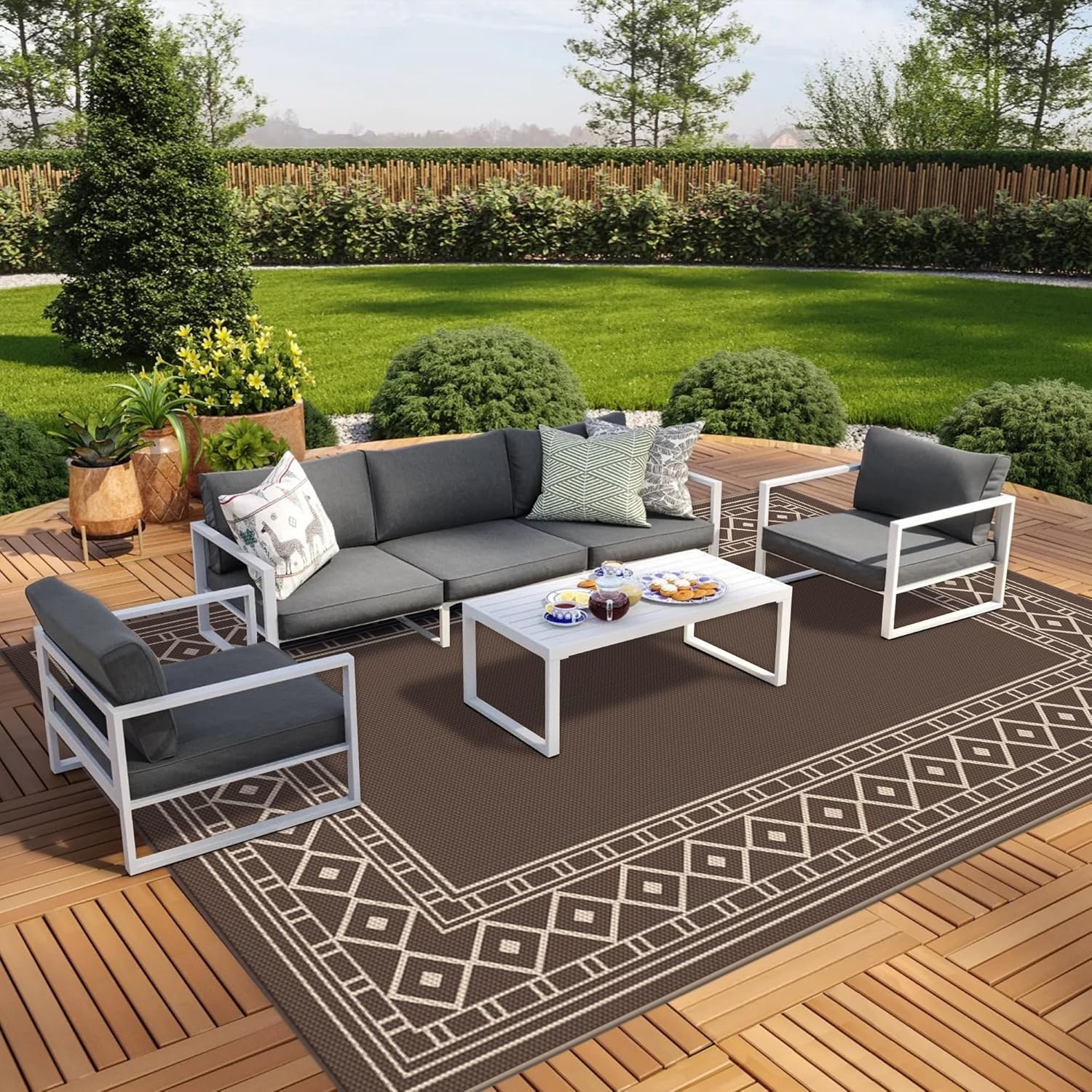 imageGENIMO Outdoor Rug Waterproof 6x9 for Patio Foldable Reversible Plastic Straw Carpet for Travel Trailers Outside Area Mat for Rv Deck Picnic Porch Camper Balcony Beach Purple amp GreyCoffee Beige Natural