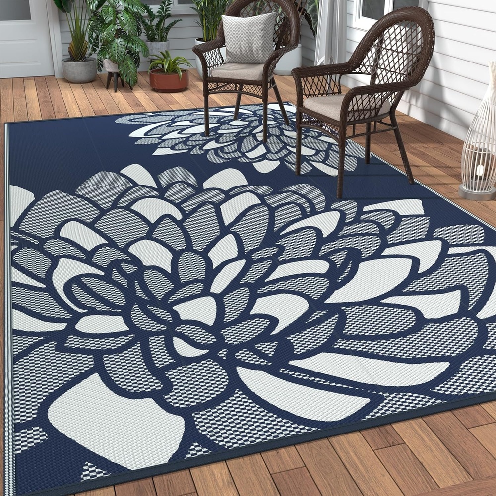 imageGENIMO Outdoor Rug 6 x 9 Waterproof for Patio Clearance Reversible Plastic Straw Camping Mat Lightweight Carpet for Rv Camper Deck Porch Picnic Balcony Beach KBlue amp WhiteLblue White