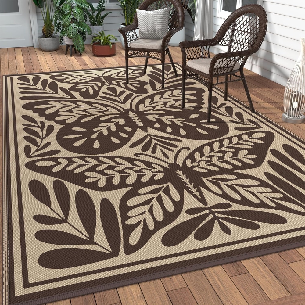 imageGENIMO Outdoor Rug 6 x 9 Waterproof for Patio Clearance Reversible Plastic Straw Camping Mat Lightweight Carpet for Rv Camper Deck Porch Picnic Balcony Beach KBlue amp WhiteHcoffee Beige