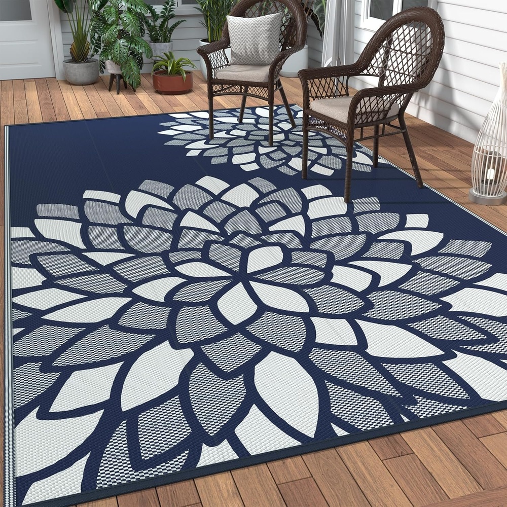 imageGENIMO Outdoor Rug 6 x 9 Waterproof for Patio Clearance Reversible Plastic Straw Camping Mat Lightweight Carpet for Rv Camper Deck Porch Picnic Balcony Beach KBlue amp WhiteKblue White
