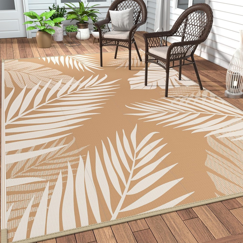 imageGENIMO Outdoor Rug 6 x 9 Waterproof for Patio Clearance Reversible Plastic Straw Camping Mat Lightweight Carpet for Rv Camper Deck Porch Picnic Balcony Beach KBlue amp WhiteBrown Beige Waterproof