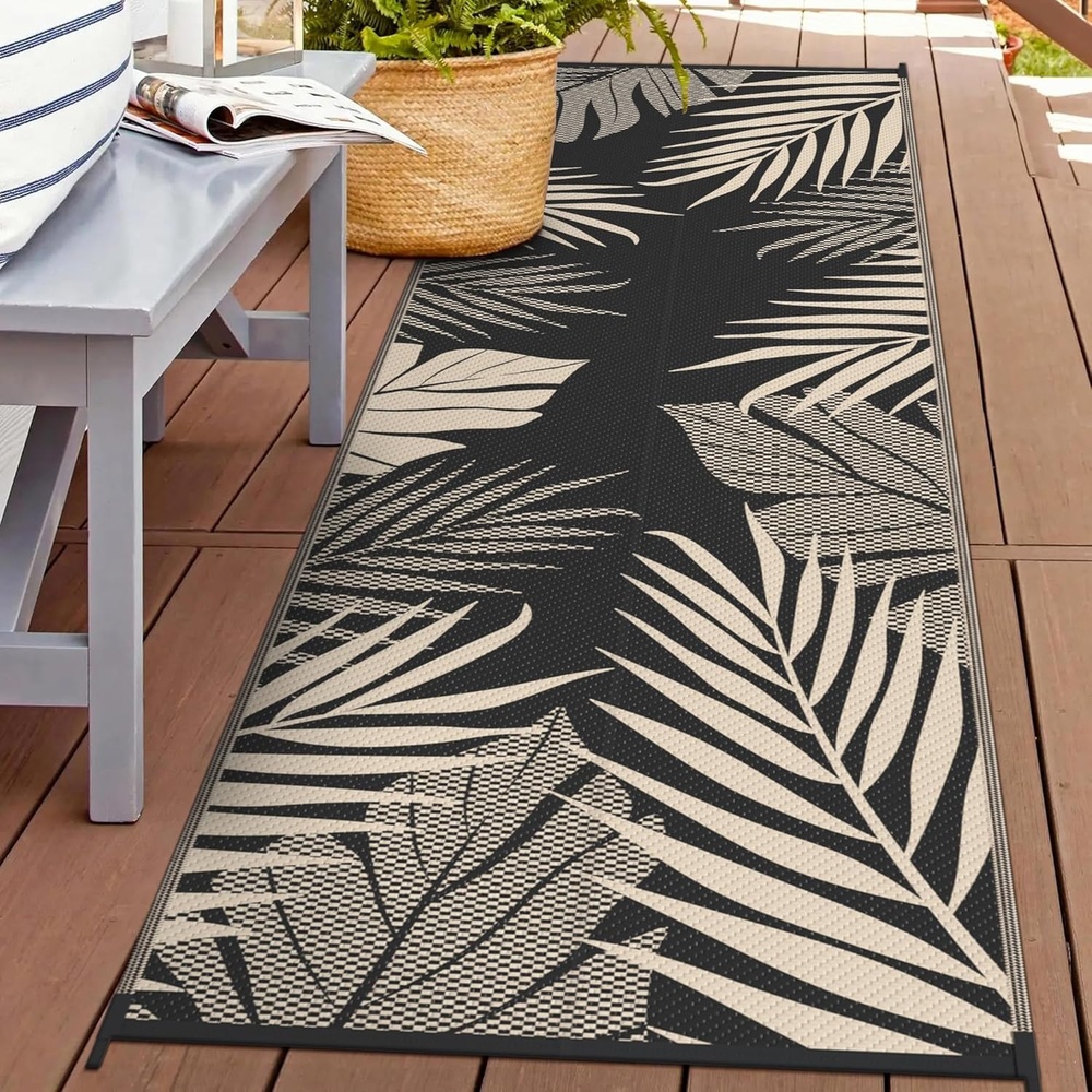 imageGENIMO Outdoor Rug 6 x 9 Waterproof for Patio Clearance Reversible Plastic Straw Camping Mat Lightweight Carpet for Rv Camper Deck Porch Picnic Balcony Beach KBlue amp WhiteBlack Beige Waterproof