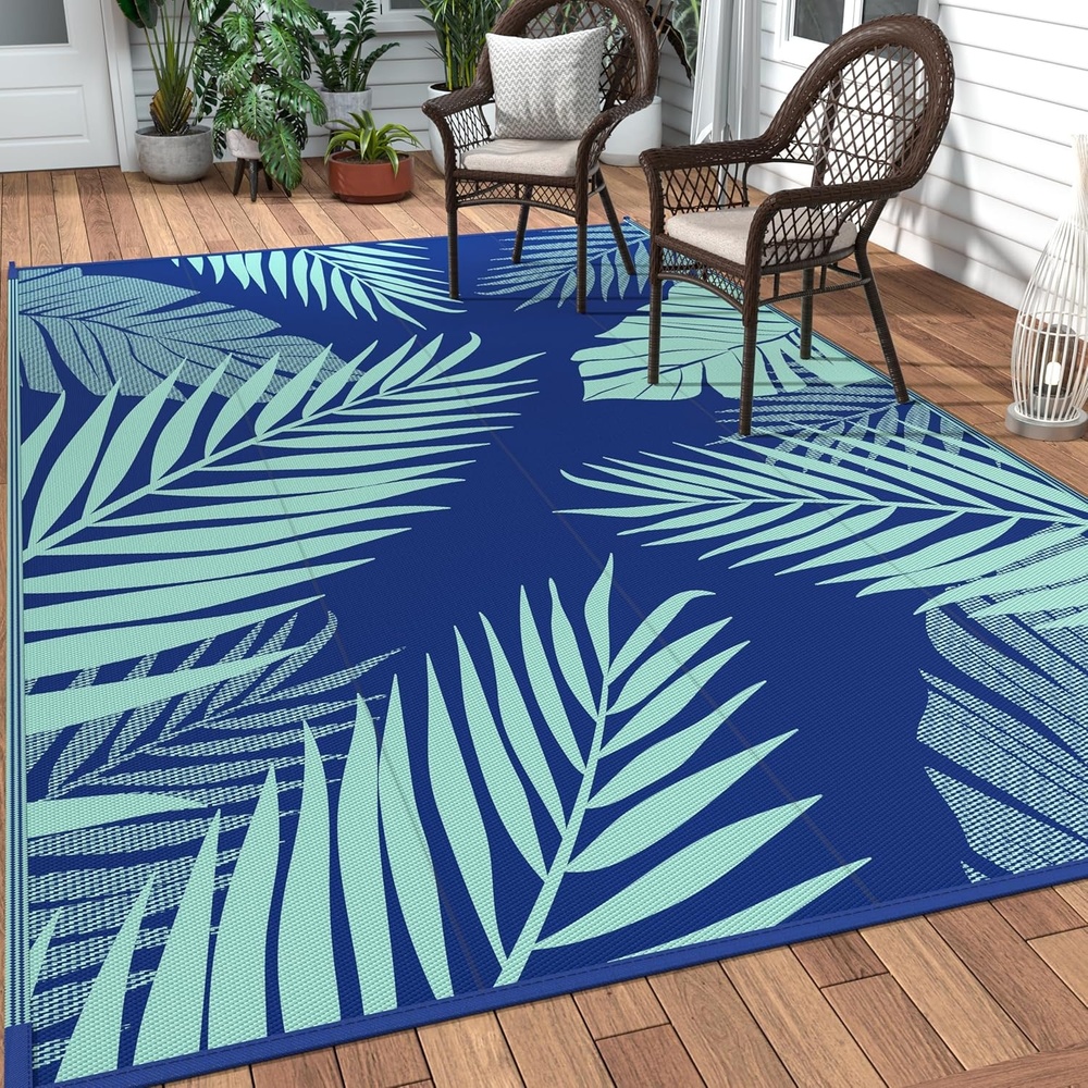 imageGENIMO Outdoor Rug 6 x 9 Waterproof for Patio Clearance Reversible Plastic Straw Camping Mat Lightweight Carpet for Rv Camper Deck Porch Picnic Balcony Beach KBlue amp WhiteRoyal Blue Blue Green Waterproof