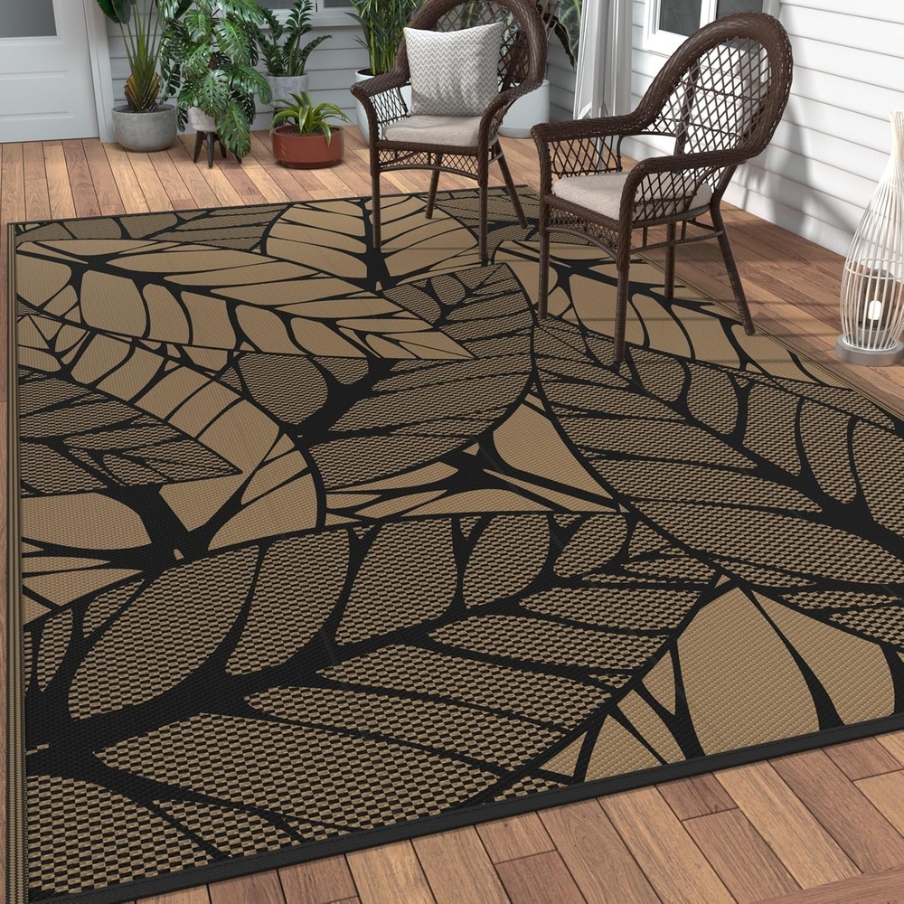 imageGENIMO Outdoor Rug 6 x 9 Waterproof for Patio Clearance Reversible Plastic Straw Camping Mat Lightweight Carpet for Rv Camper Deck Porch Picnic Balcony Beach KBlue amp WhiteFblack Brown