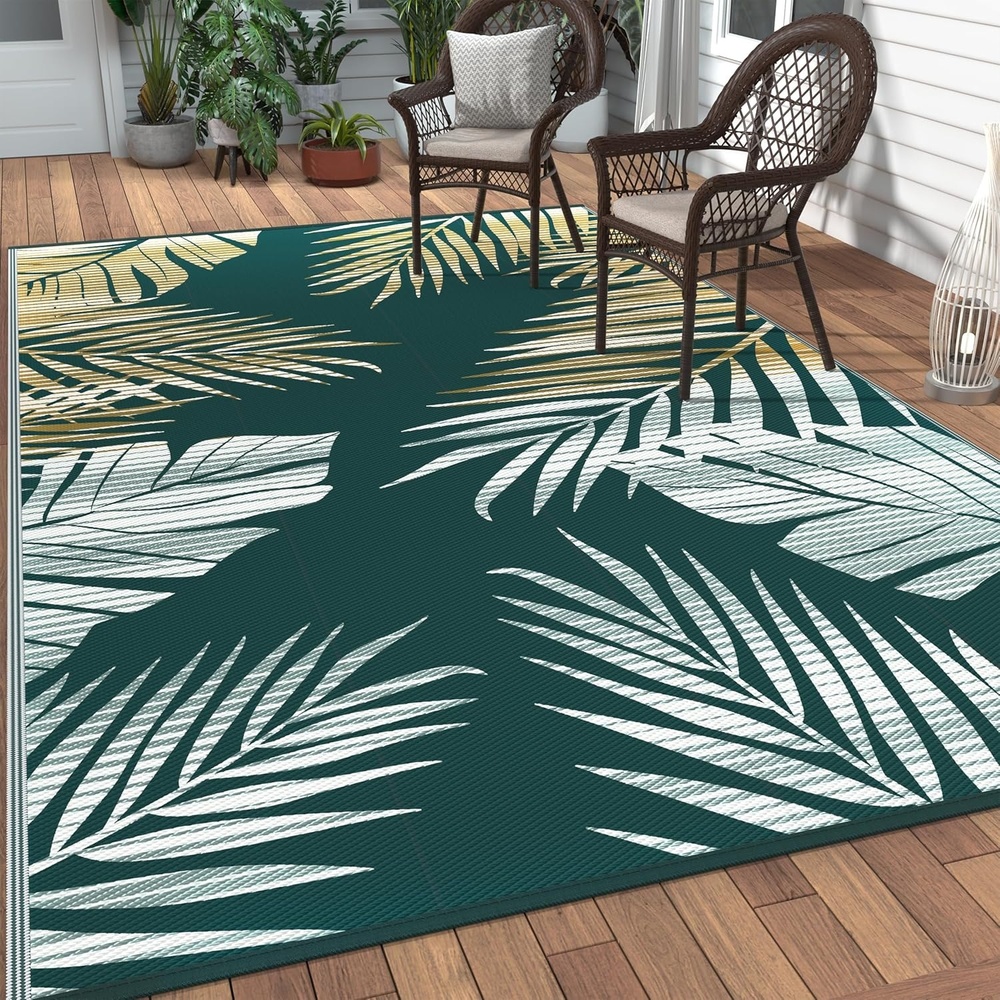 imageGENIMO Outdoor Rug 6 x 9 Waterproof for Patio Clearance Reversible Plastic Straw Camping Mat Lightweight Carpet for Rv Camper Deck Porch Picnic Balcony Beach KBlue amp WhiteYellow Green Waterproof