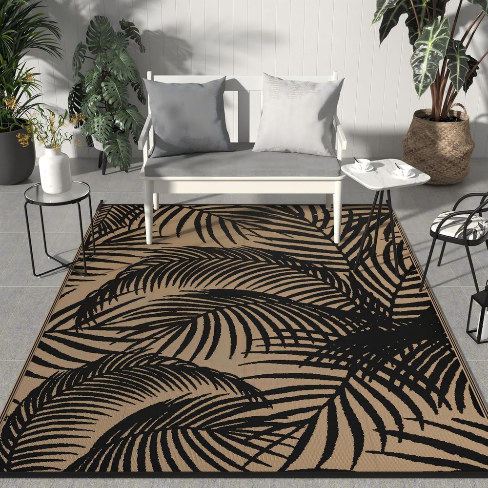 imageGENIMO Outdoor Rug 6 x 9 Waterproof for Patio Clearance Reversible Plastic Straw Camping Mat Lightweight Carpet for Rv Camper Deck Porch Picnic Balcony Beach KBlue amp WhiteAblack Brown