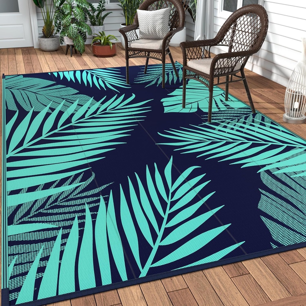 imageGENIMO Outdoor Rug 6 x 9 Waterproof for Patio Clearance Reversible Plastic Straw Camping Mat Lightweight Carpet for Rv Camper Deck Porch Picnic Balcony Beach KBlue amp WhiteNavy Blue Jade Green Waterproof