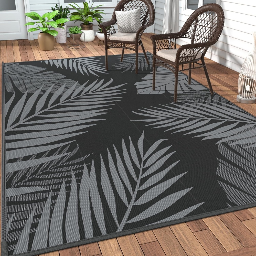imageGENIMO Outdoor Rug 6 x 9 Waterproof for Patio Clearance Reversible Plastic Straw Camping Mat Lightweight Carpet for Rv Camper Deck Porch Picnic Balcony Beach KBlue amp WhiteNblack Grey
