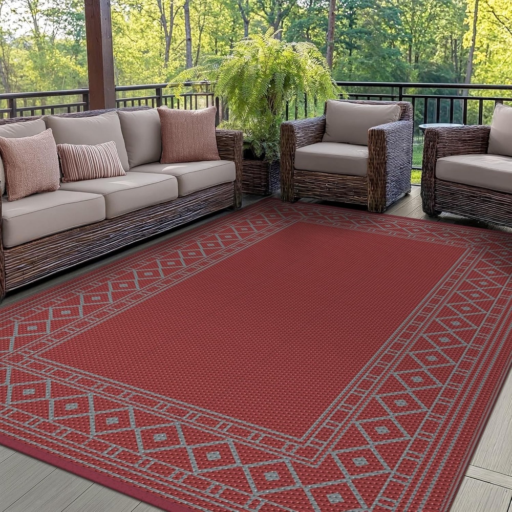 imageGENIMO Outdoor Rug Waterproof 6x9 for Patio Foldable Reversible Plastic Straw Carpet for Travel Trailers Outside Area Mat for Rv Deck Picnic Porch Camper Balcony Beach Purple amp GreyRed  Grey  Natural