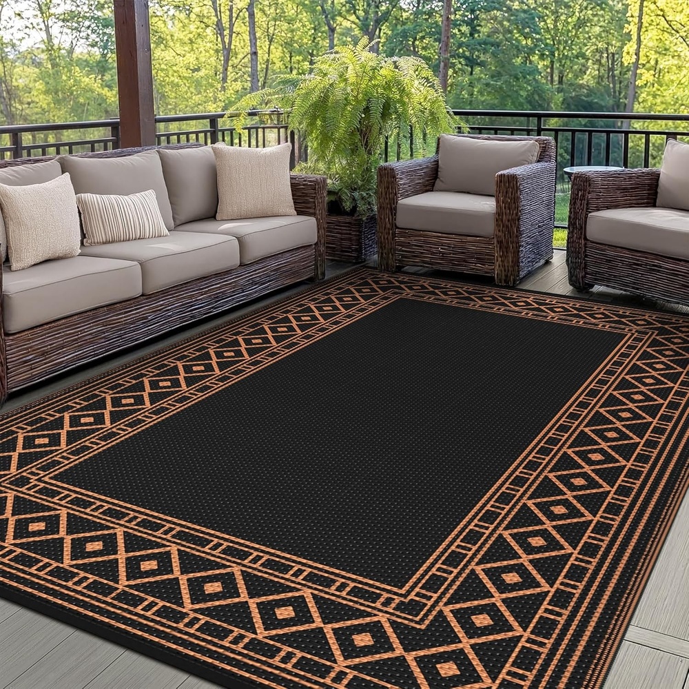 imageGENIMO Outdoor Rug Waterproof 6x9 for Patio Foldable Reversible Plastic Straw Carpet for Travel Trailers Outside Area Mat for Rv Deck Picnic Porch Camper Balcony Beach Purple amp GreyBlack Orange