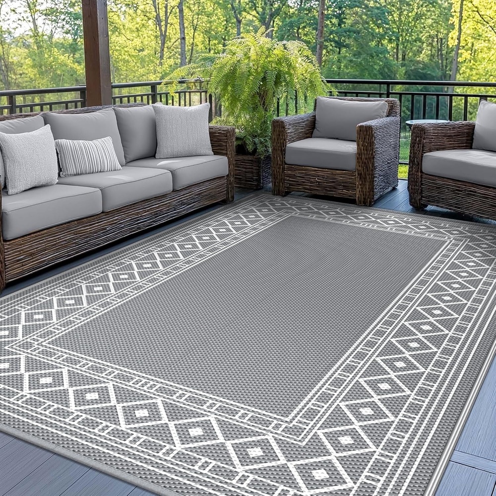 imageGENIMO Outdoor Rug Waterproof 6x9 for Patio Foldable Reversible Plastic Straw Carpet for Travel Trailers Outside Area Mat for Rv Deck Picnic Porch Camper Balcony Beach Purple amp GreyGrey White Natural