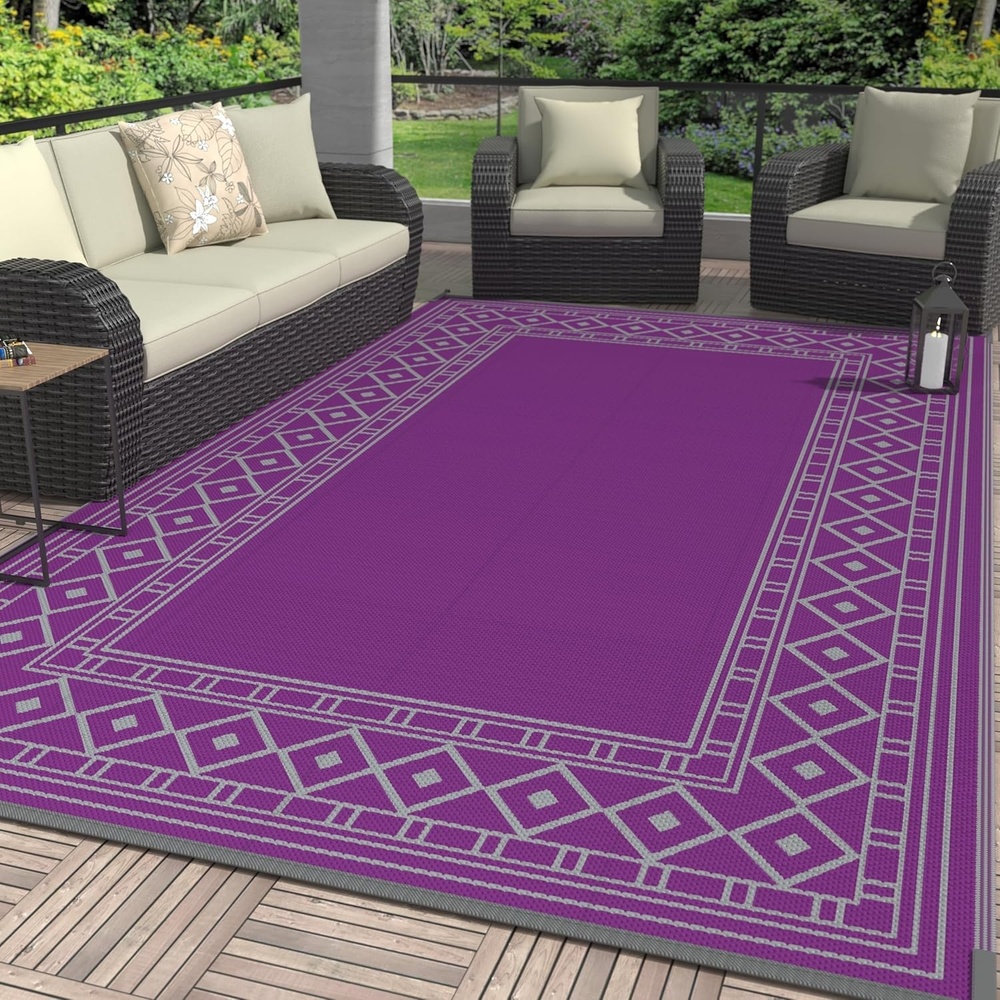 imageGENIMO Outdoor Rug Waterproof 6x9 for Patio Foldable Reversible Plastic Straw Carpet for Travel Trailers Outside Area Mat for Rv Deck Picnic Porch Camper Balcony Beach Purple amp GreyPurple Grey Natural