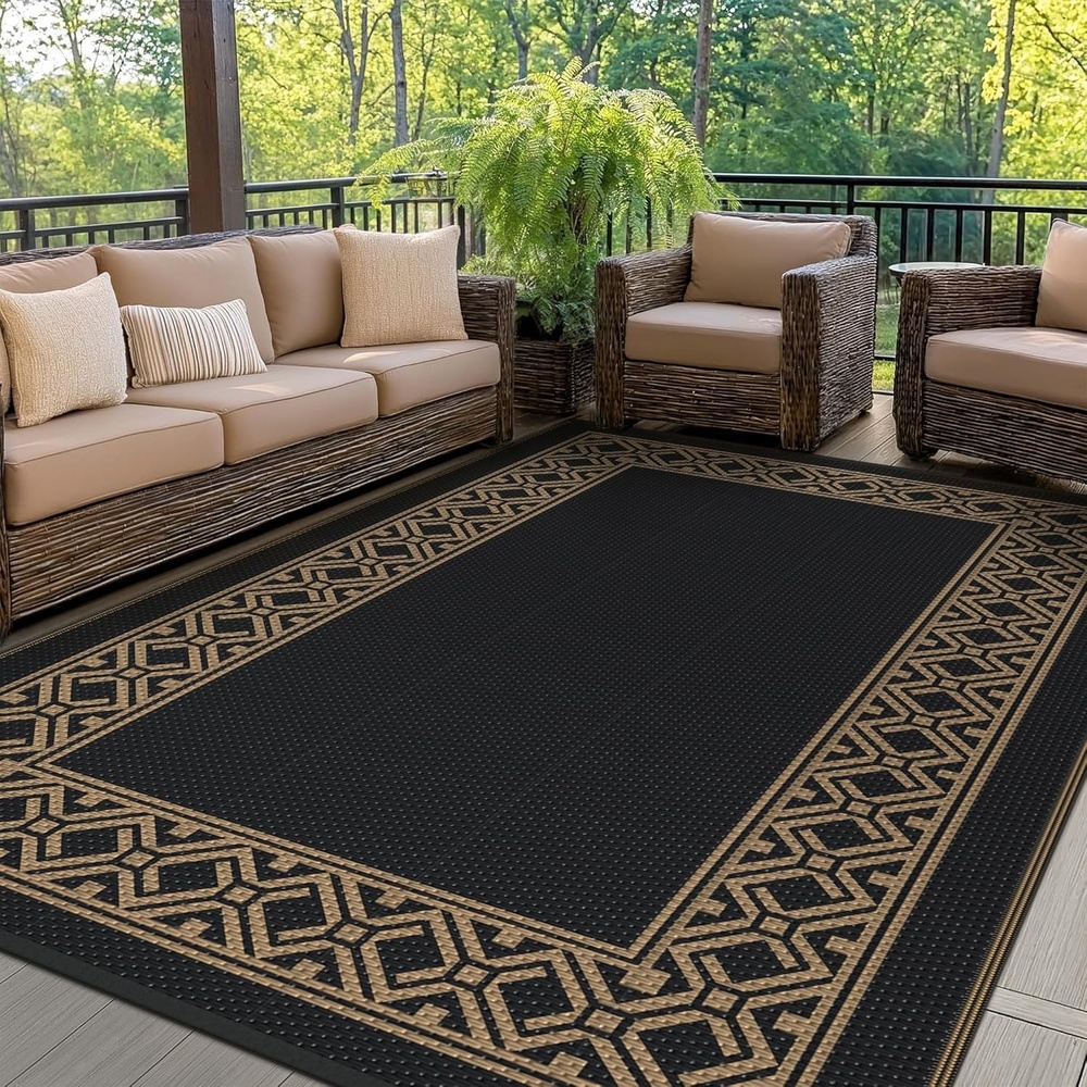 imageGENIMO Outdoor Rug Waterproof 6x9 for Patio Foldable Reversible Plastic Straw Carpet for Travel Trailers Outside Area Mat for Rv Deck Picnic Porch Camper Balcony Beach Purple amp GreyBlack  Brownn