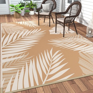 GENIMO Outdoor Rug 6′ x 9′ Waterproof for Patio Clearance, Reversible Plastic Straw Camping Mat, Lightweight Carpet for Rv, Camper, Deck, Porch, Picnic, Balcony, Beach, K.Blue & White(Brown & Beige | Waterproof)