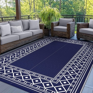 GENIMO Outdoor Rug Waterproof 6’x9′ for Patio, Foldable Reversible Plastic Straw Carpet for Travel Trailers, Outside Area Mat for Rv, Deck, Picnic, Porch, Camper, Balcony, Beach, Purple & Grey(Navy Blue & White | Natural)