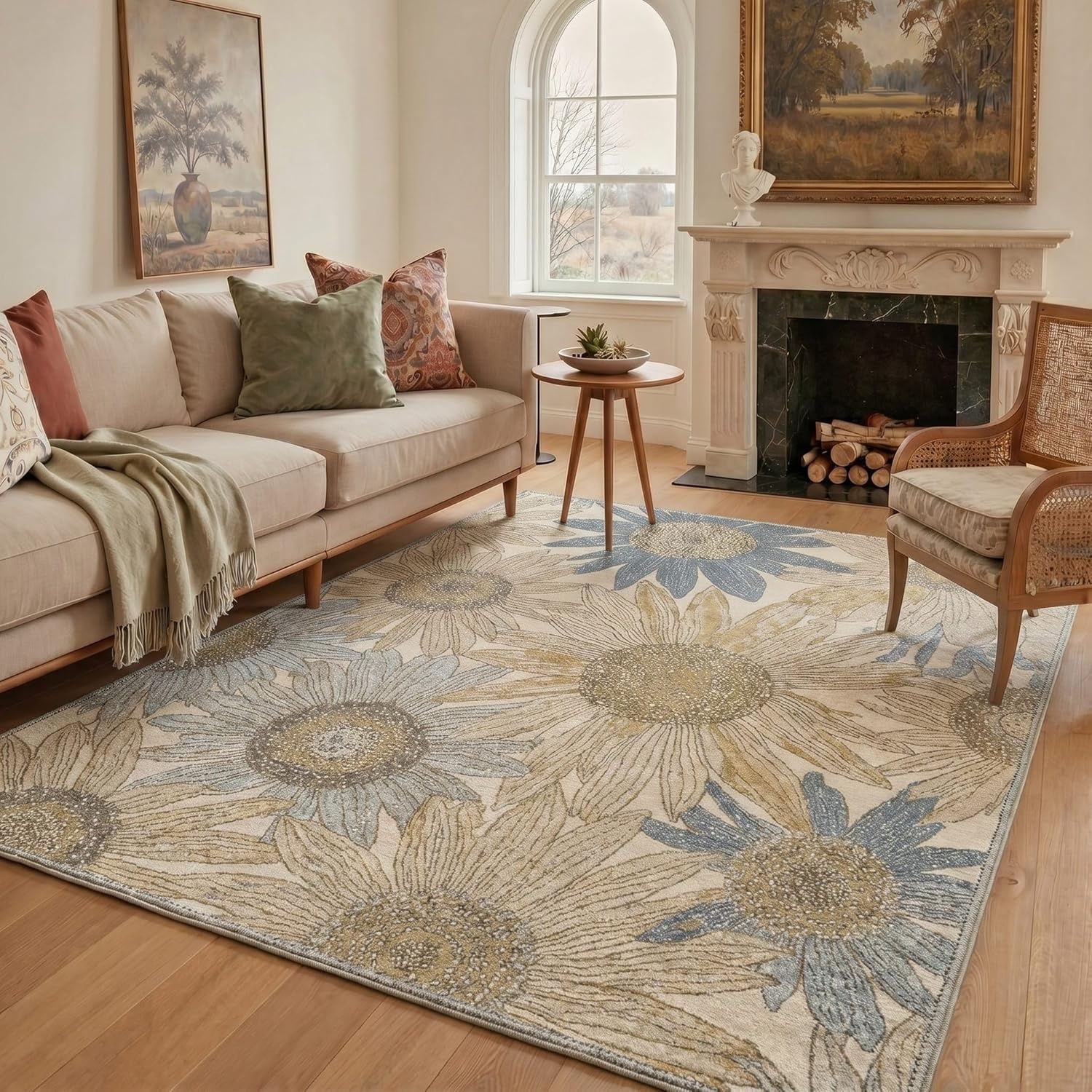 image:imageGENIMO 5X7 Area Rugs for Living Room Machine Washable Modern Botanical Non Slip Low Pile Soft Rugs Vintage Floral Carpet for Bedroom Dining Room Home Office Warm BeigeWarm Beige