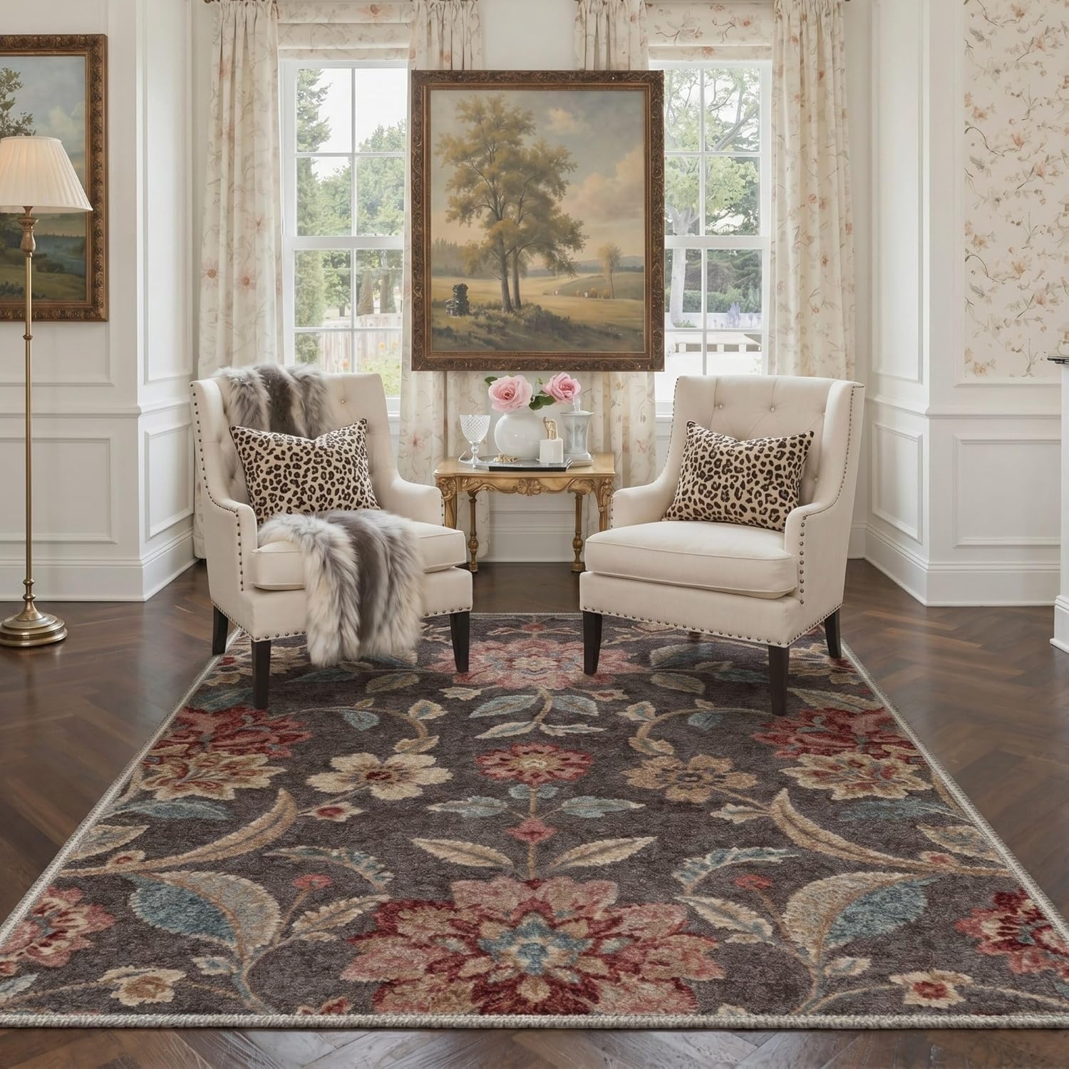 image:imageGENIMO 5X7 Area Rugs for Living Room Machine Washable Modern Botanical Non Slip Low Pile Soft Rugs Vintage Floral Carpet for Bedroom Dining Room Home Office Warm BeigeDusty Taupe