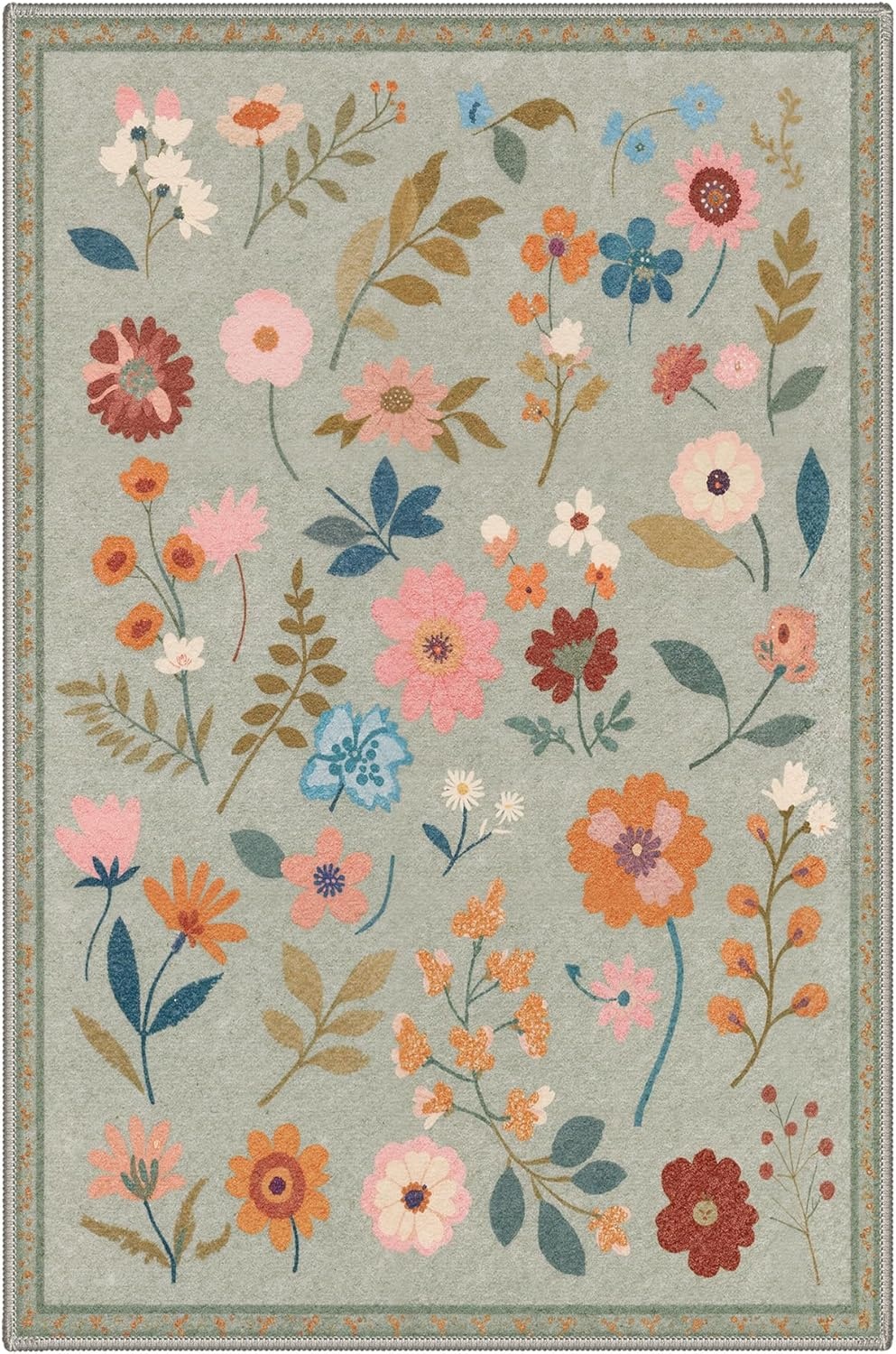 image:imageGENIMO 5X7 Area Rugs for Living Room Machine Washable Modern Botanical Non Slip Low Pile Soft Rugs Vintage Floral Carpet for Bedroom Dining Room Home Office Warm BeigeMuted Sage