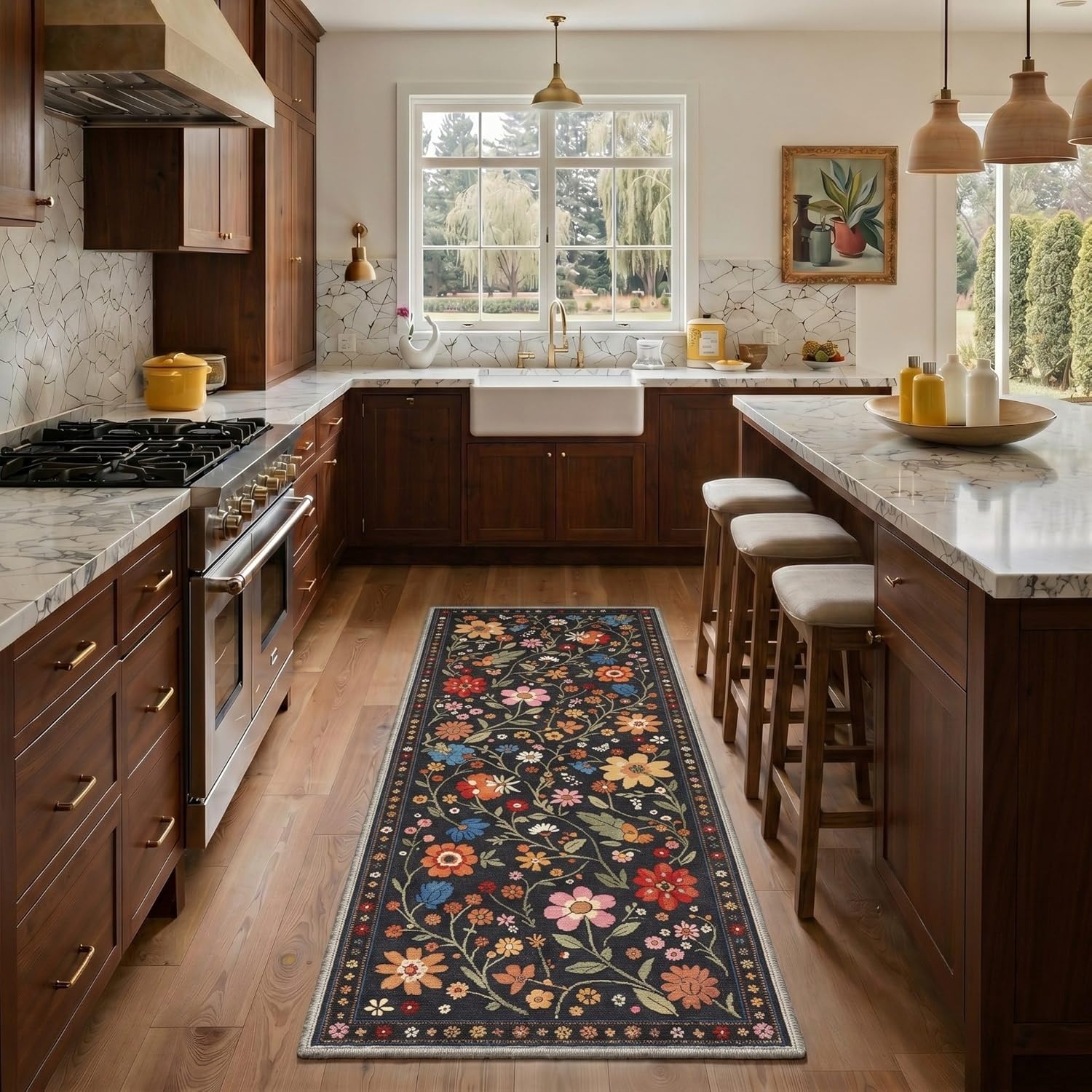 image:imageGENIMO 5X7 Area Rugs for Living Room Machine Washable Modern Botanical Non Slip Low Pile Soft Rugs Vintage Floral Carpet for Bedroom Dining Room Home Office Warm BeigeBlack