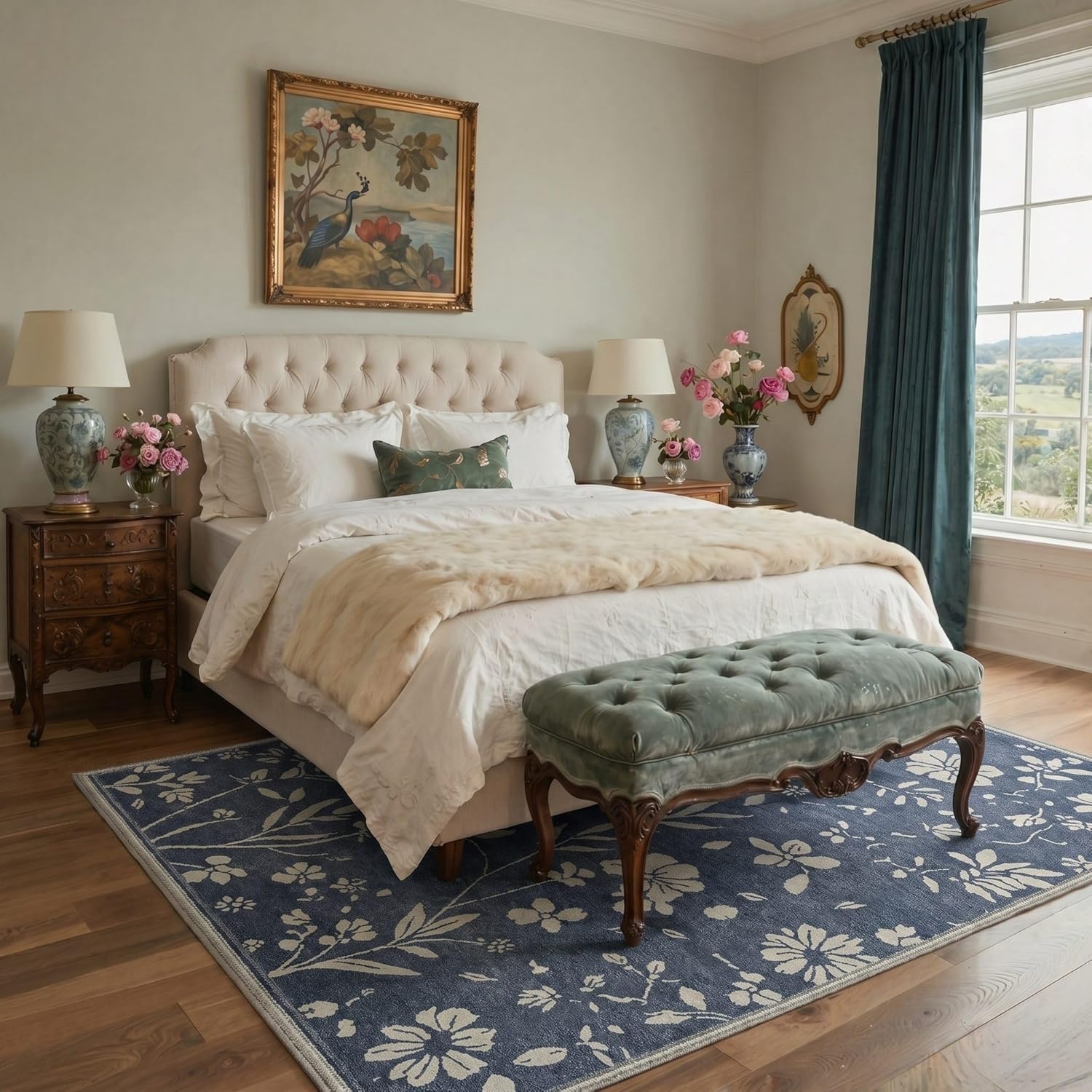 image:imageGENIMO 5X7 Area Rugs for Living Room Machine Washable Modern Botanical Non Slip Low Pile Soft Rugs Vintage Floral Carpet for Bedroom Dining Room Home Office Warm BeigeMuted Navy