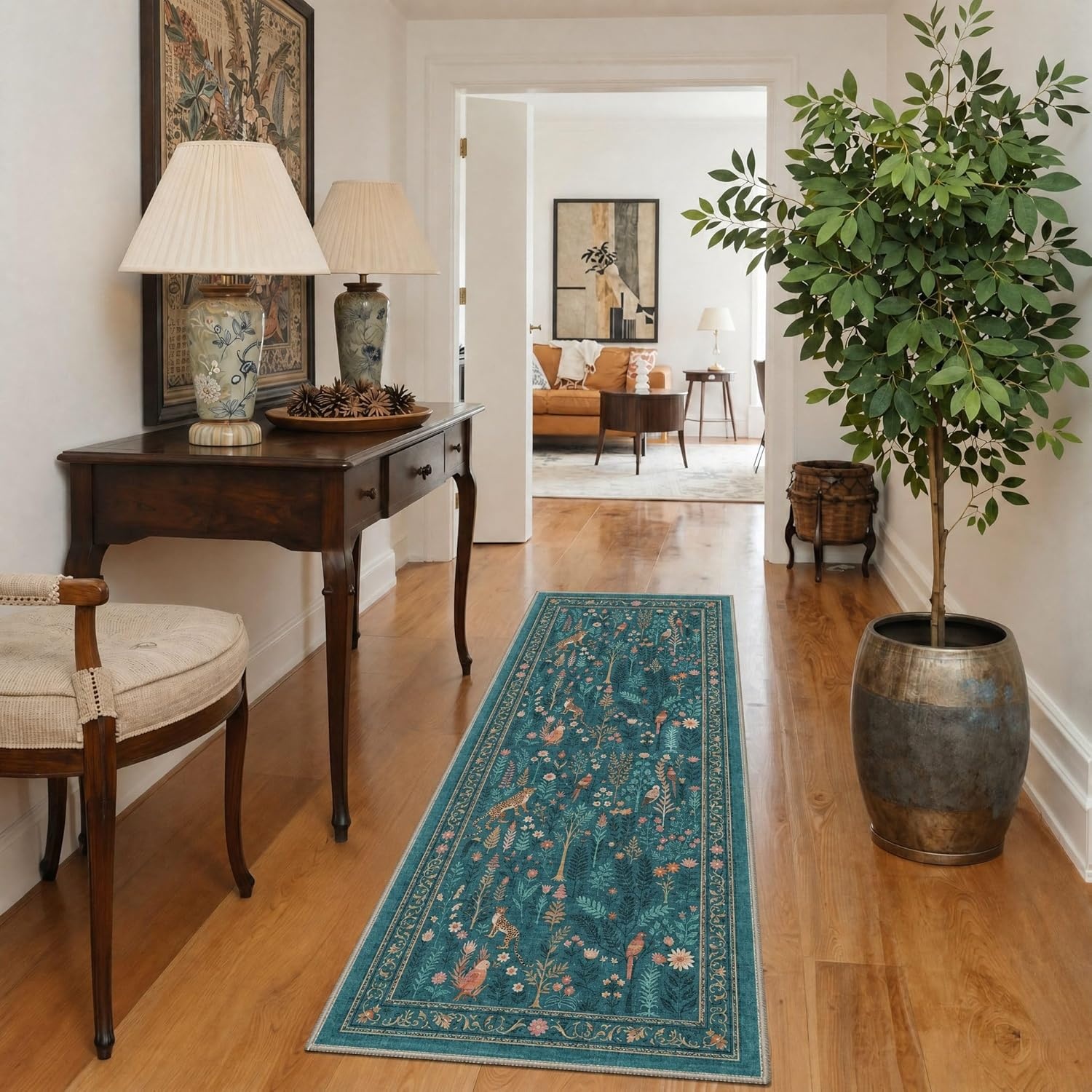 image:imageGENIMO 5X7 Area Rugs for Living Room Machine Washable Modern Botanical Non Slip Low Pile Soft Rugs Vintage Floral Carpet for Bedroom Dining Room Home Office Warm BeigeDusty Teal
