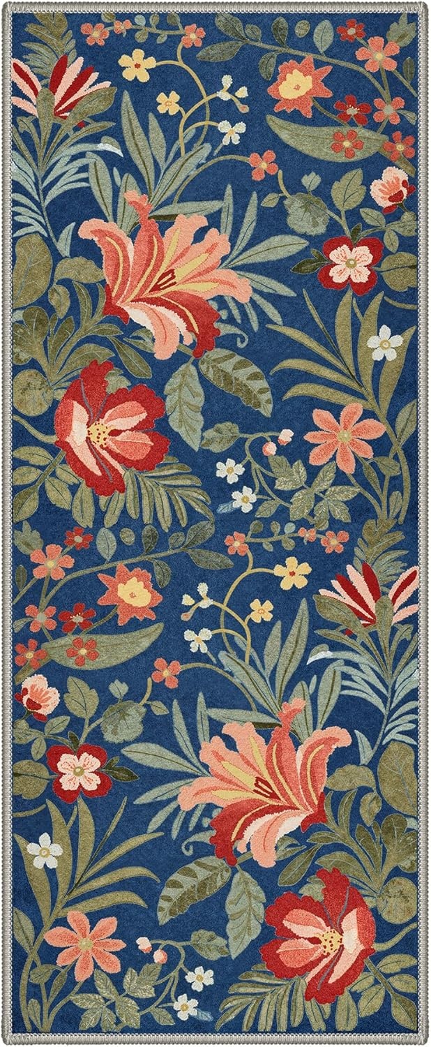 image:imageGENIMO 5X7 Area Rugs for Living Room Machine Washable Modern Botanical Non Slip Low Pile Soft Rugs Vintage Floral Carpet for Bedroom Dining Room Home Office Warm BeigeNavy Blue