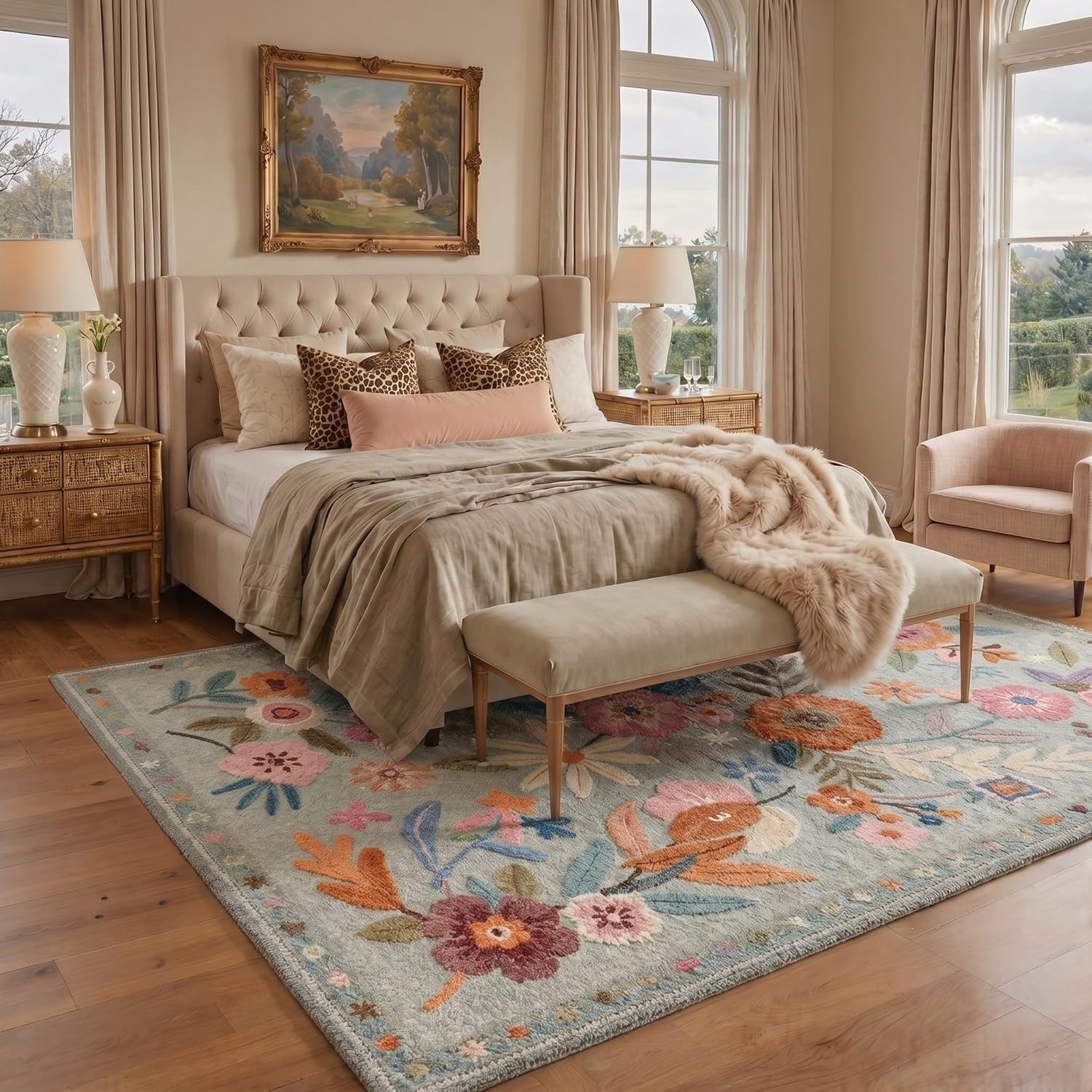 image:imageGENIMO 5X7 Area Rugs for Living Room Machine Washable Modern Botanical Non Slip Low Pile Soft Rugs Vintage Floral Carpet for Bedroom Dining Room Home Office Warm BeigeDusty Blue