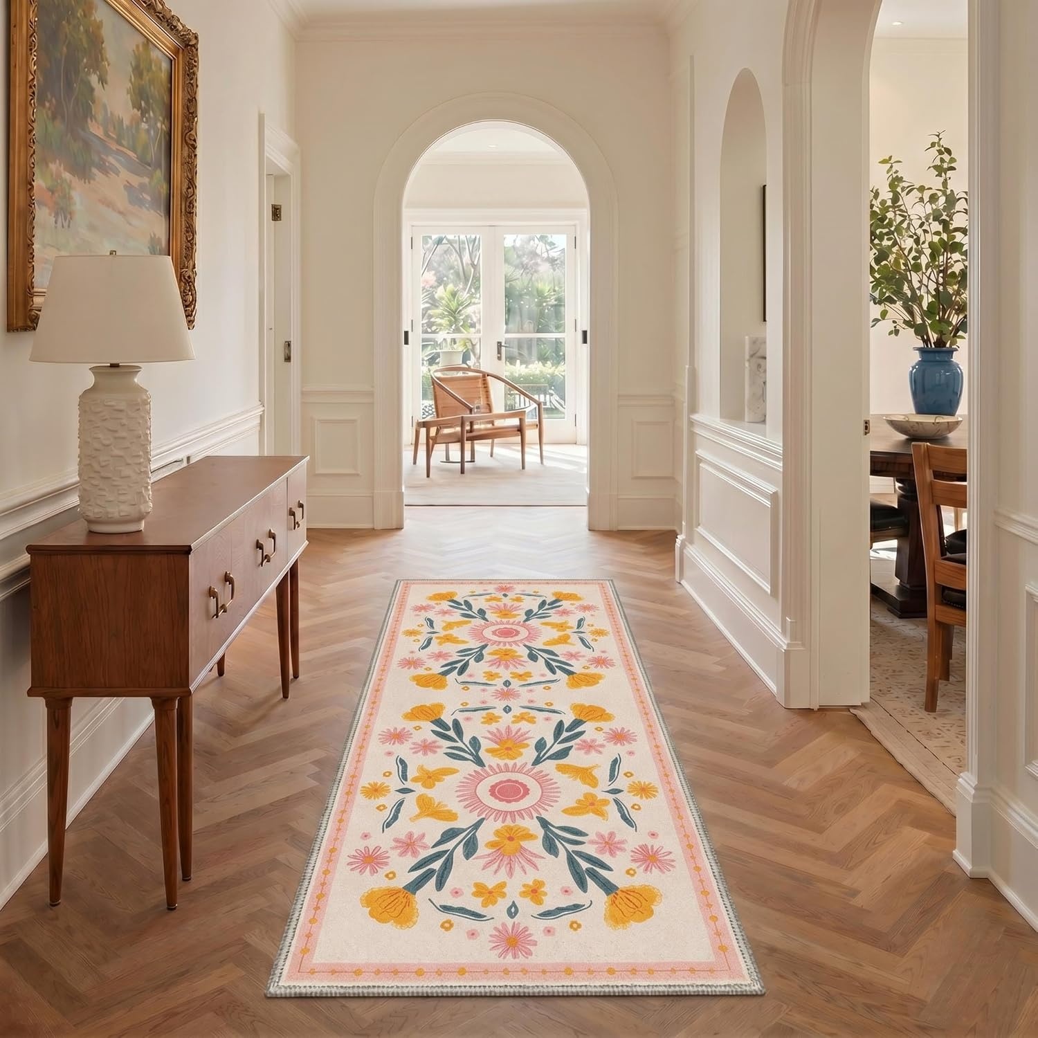 image:imageGENIMO 5X7 Area Rugs for Living Room Machine Washable Modern Botanical Non Slip Low Pile Soft Rugs Vintage Floral Carpet for Bedroom Dining Room Home Office Warm BeigeDusty Blush