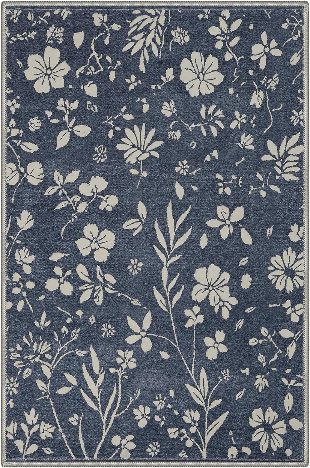 image:imageGENIMO 5X7 Area Rugs for Living Room Machine Washable Modern Botanical Non Slip Low Pile Soft Rugs Vintage Floral Carpet for Bedroom Dining Room Home Office Warm BeigeMuted Navy