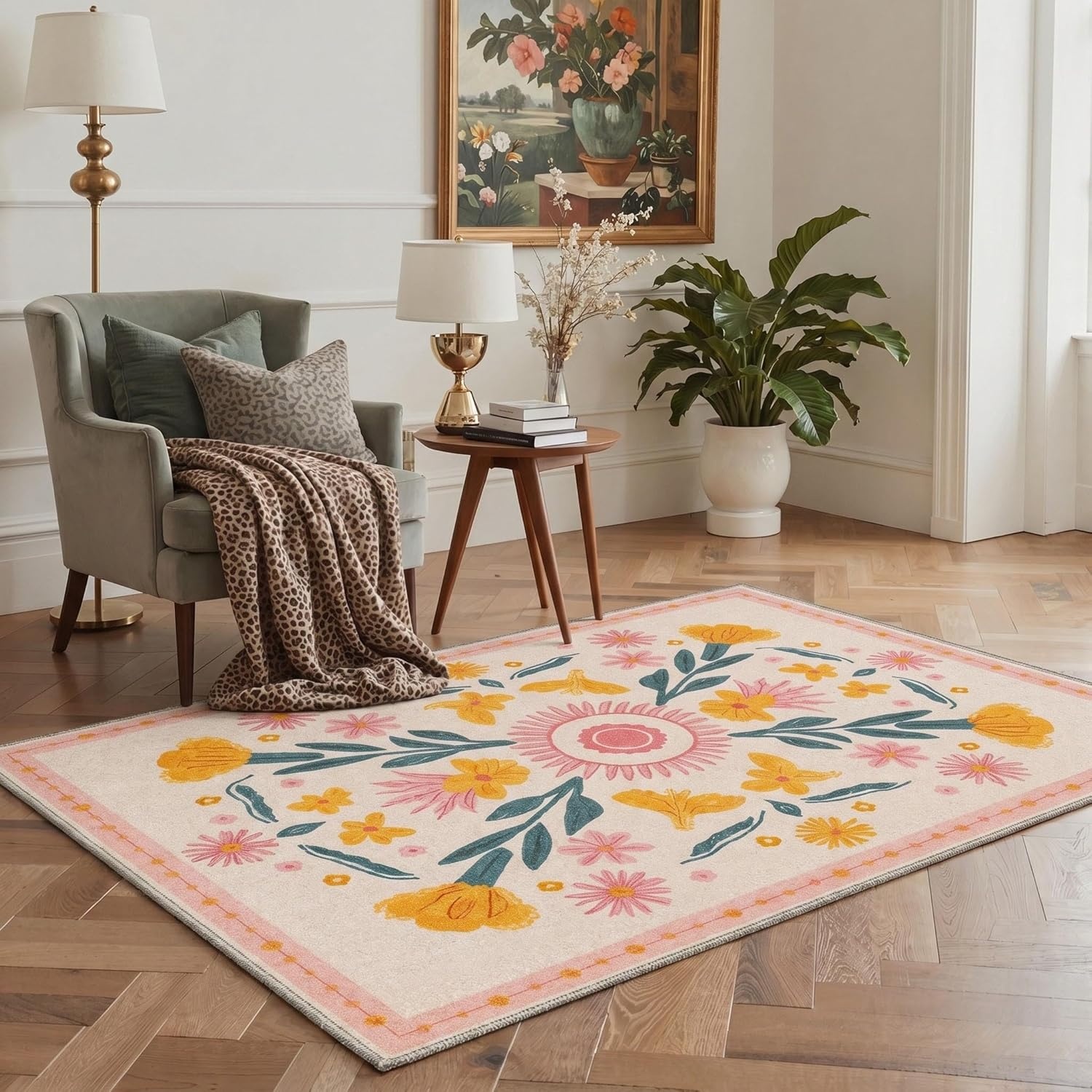 image:imageGENIMO 5X7 Area Rugs for Living Room Machine Washable Modern Botanical Non Slip Low Pile Soft Rugs Vintage Floral Carpet for Bedroom Dining Room Home Office Warm BeigeDusty Blush