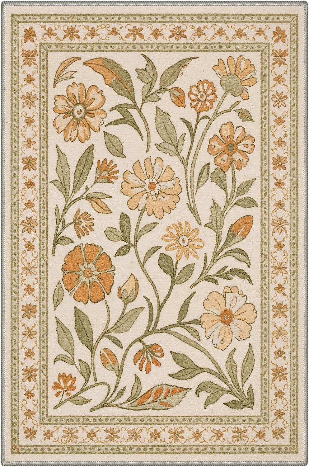 image:imageGENIMO 5X7 Area Rugs for Living Room Machine Washable Modern Botanical Non Slip Low Pile Soft Rugs Vintage Floral Carpet for Bedroom Dining Room Home Office Warm BeigeDusty Ochre