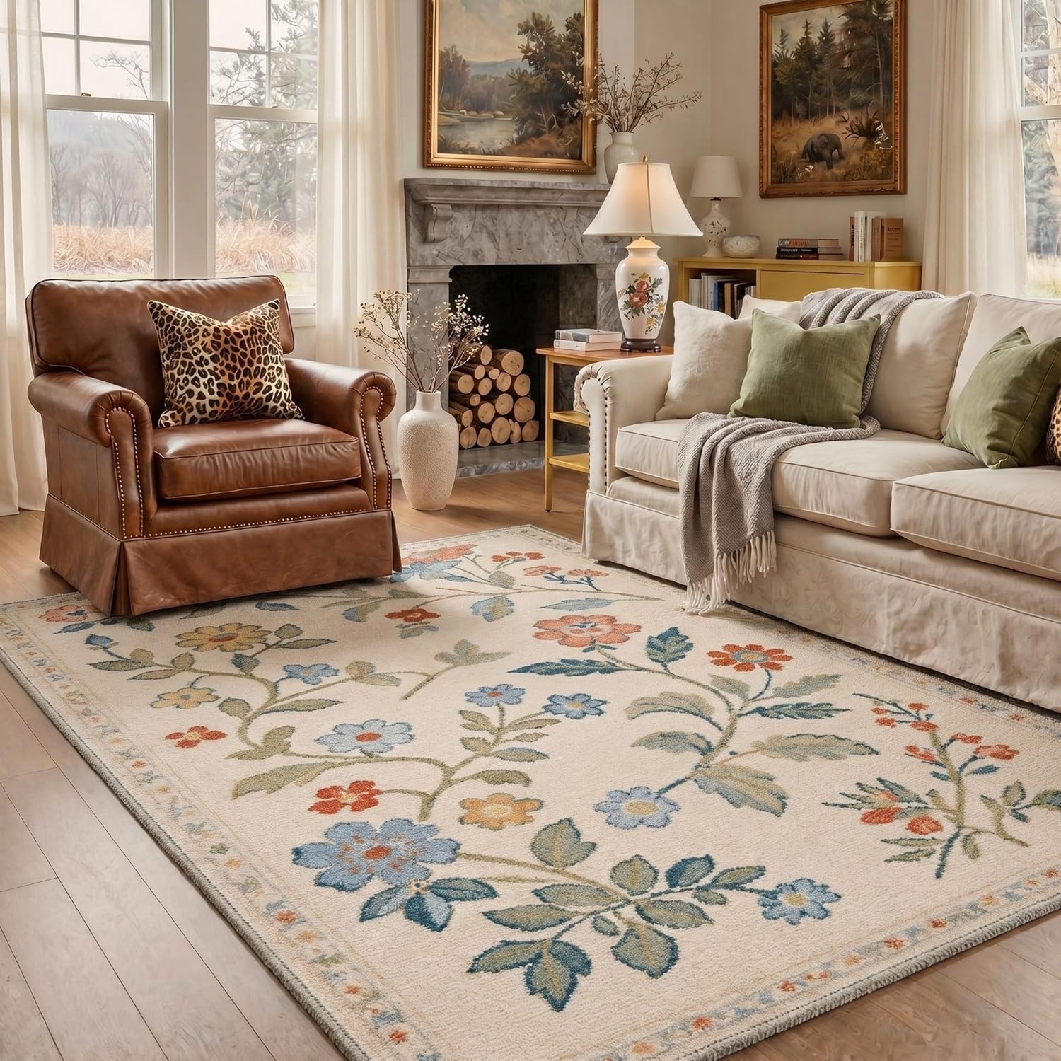 image:imageGENIMO 5X7 Area Rugs for Living Room Machine Washable Modern Botanical Non Slip Low Pile Soft Rugs Vintage Floral Carpet for Bedroom Dining Room Home Office Warm BeigeCreamy Beige