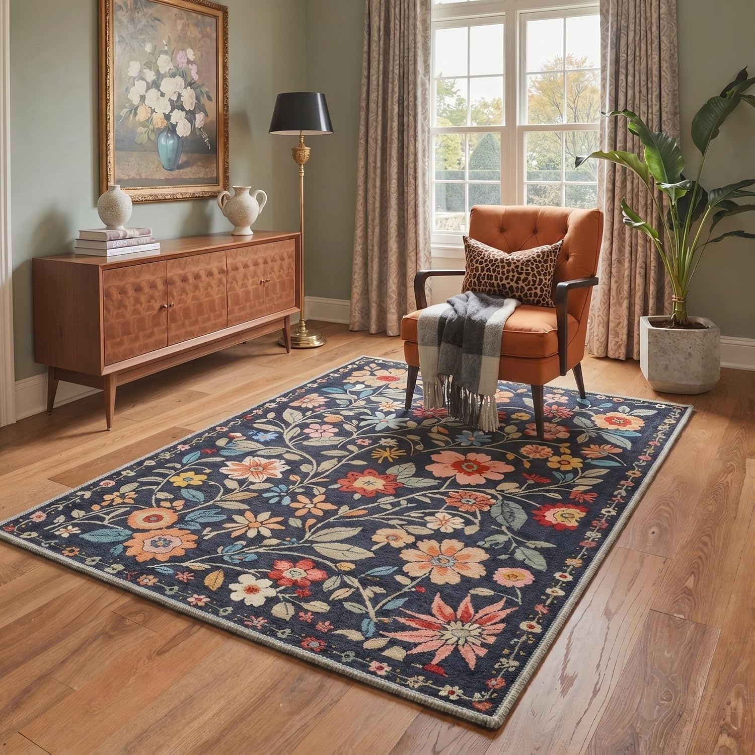 image:imageGENIMO 5X7 Area Rugs for Living Room Machine Washable Modern Botanical Non Slip Low Pile Soft Rugs Vintage Floral Carpet for Bedroom Dining Room Home Office Warm BeigeDusty Navy