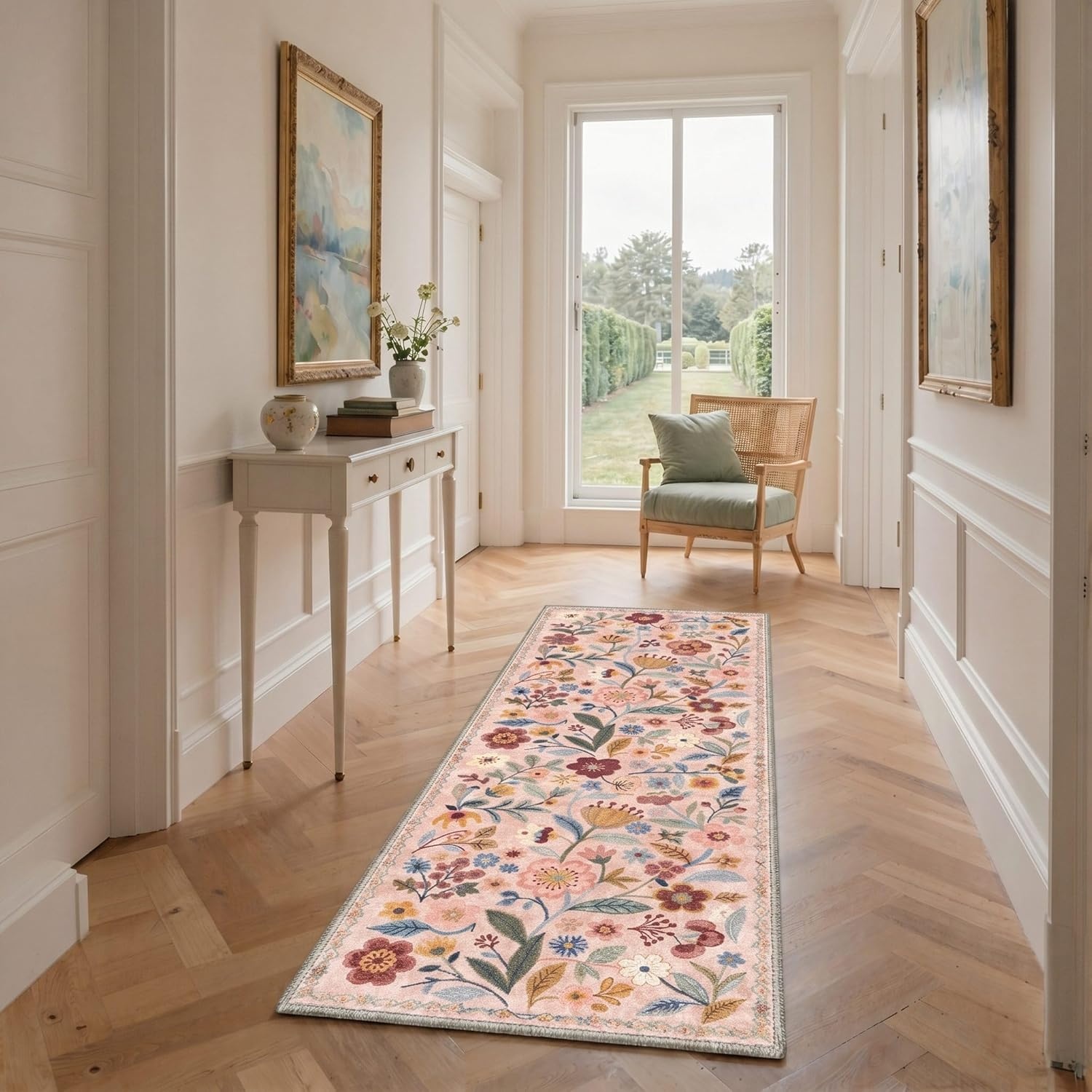 image:imageGENIMO 5X7 Area Rugs for Living Room Machine Washable Modern Botanical Non Slip Low Pile Soft Rugs Vintage Floral Carpet for Bedroom Dining Room Home Office Warm BeigeDusty Pink