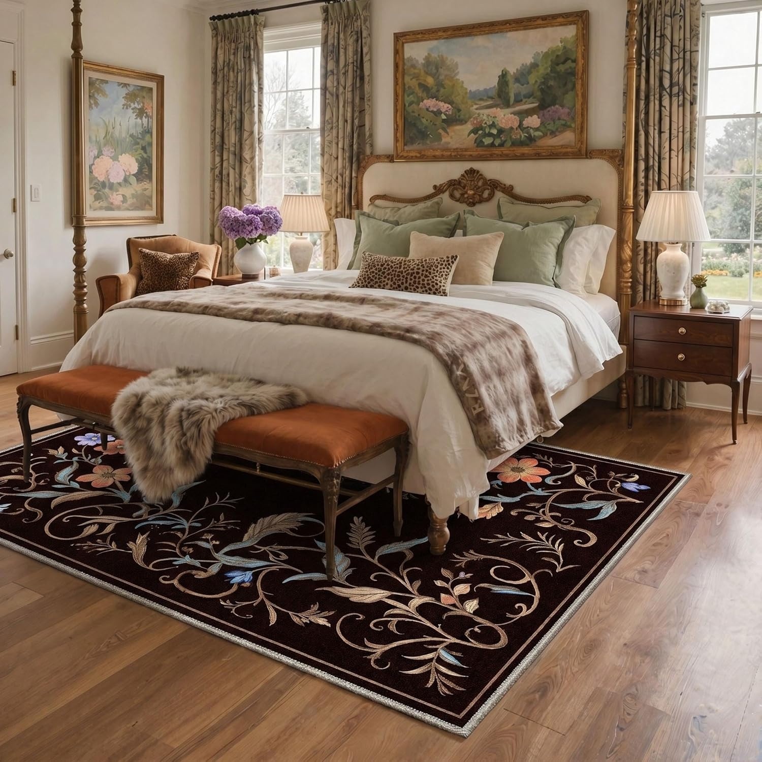 image:imageGENIMO 5X7 Area Rugs for Living Room Machine Washable Modern Botanical Non Slip Low Pile Soft Rugs Vintage Floral Carpet for Bedroom Dining Room Home Office Warm BeigeDeep Brown