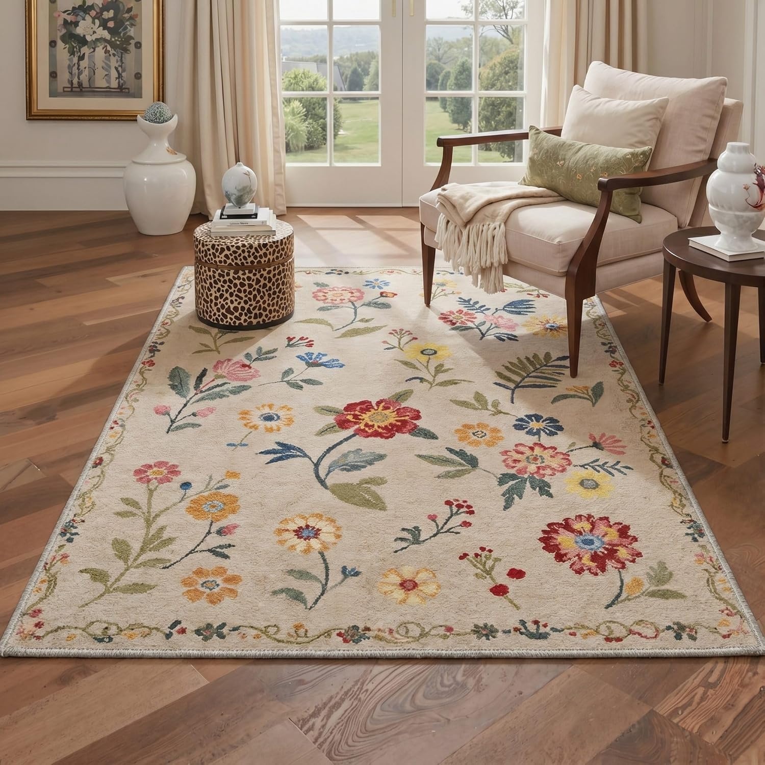 image:imageGENIMO 5X7 Area Rugs for Living Room Machine Washable Modern Botanical Non Slip Low Pile Soft Rugs Vintage Floral Carpet for Bedroom Dining Room Home Office Warm BeigeWarm Beige1