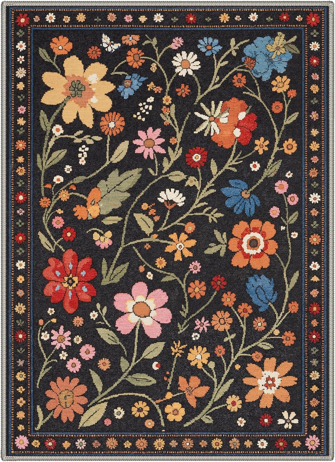image:imageGENIMO 5X7 Area Rugs for Living Room Machine Washable Modern Botanical Non Slip Low Pile Soft Rugs Vintage Floral Carpet for Bedroom Dining Room Home Office Warm BeigeBlack