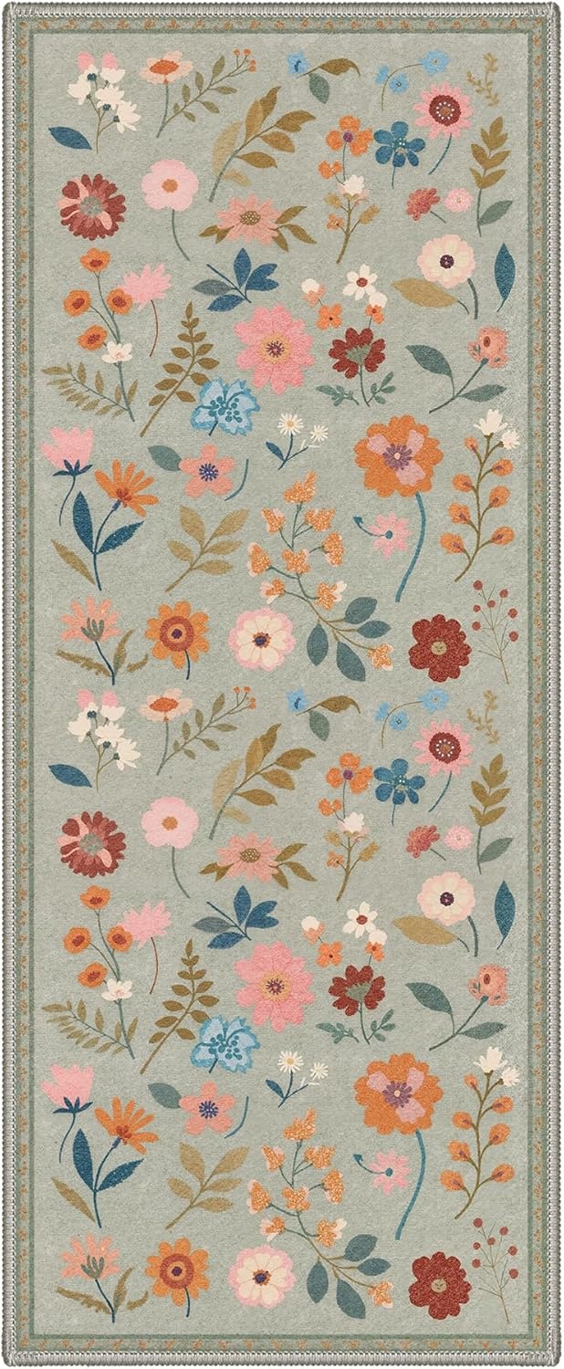 image:imageGENIMO 5X7 Area Rugs for Living Room Machine Washable Modern Botanical Non Slip Low Pile Soft Rugs Vintage Floral Carpet for Bedroom Dining Room Home Office Warm BeigeMuted Sage