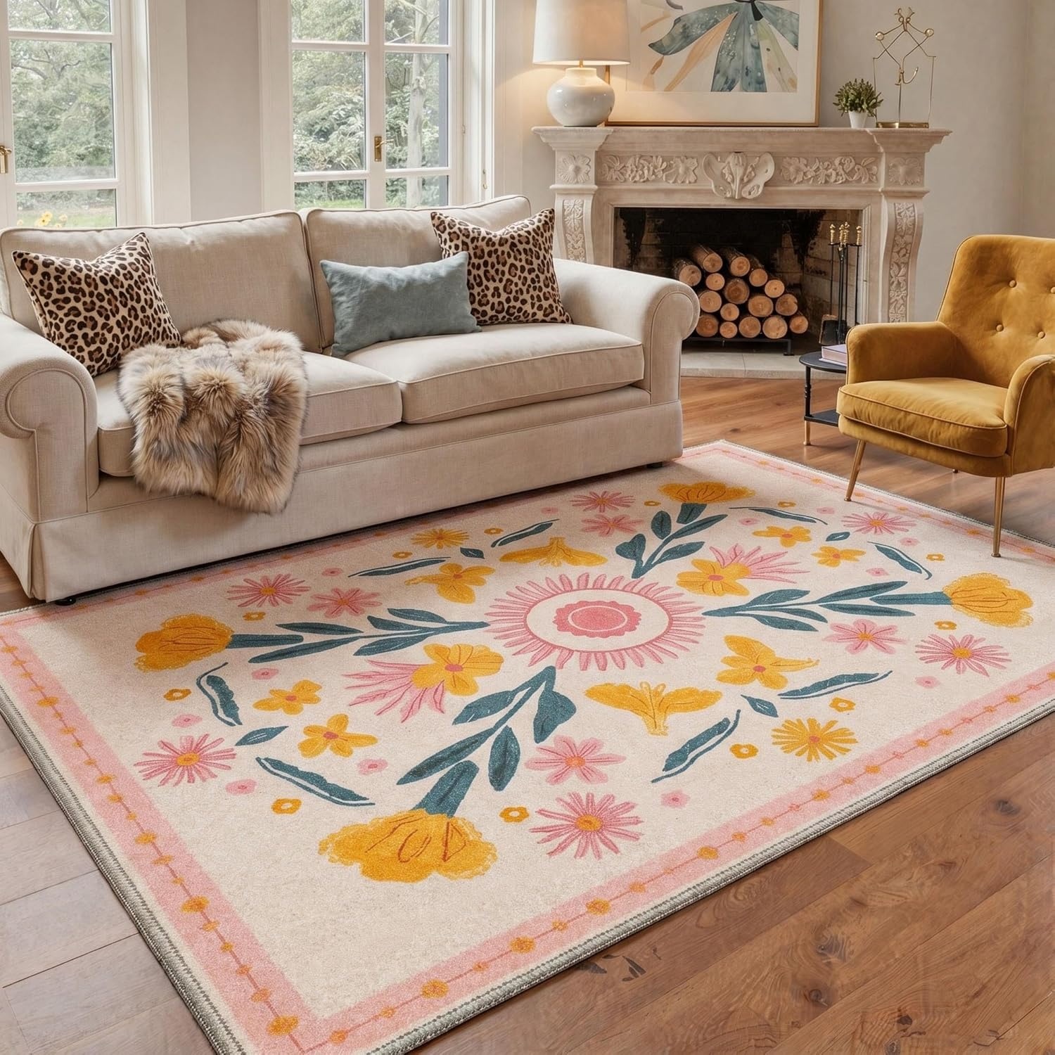 image:imageGENIMO 5X7 Area Rugs for Living Room Machine Washable Modern Botanical Non Slip Low Pile Soft Rugs Vintage Floral Carpet for Bedroom Dining Room Home Office Warm BeigeDusty Blush