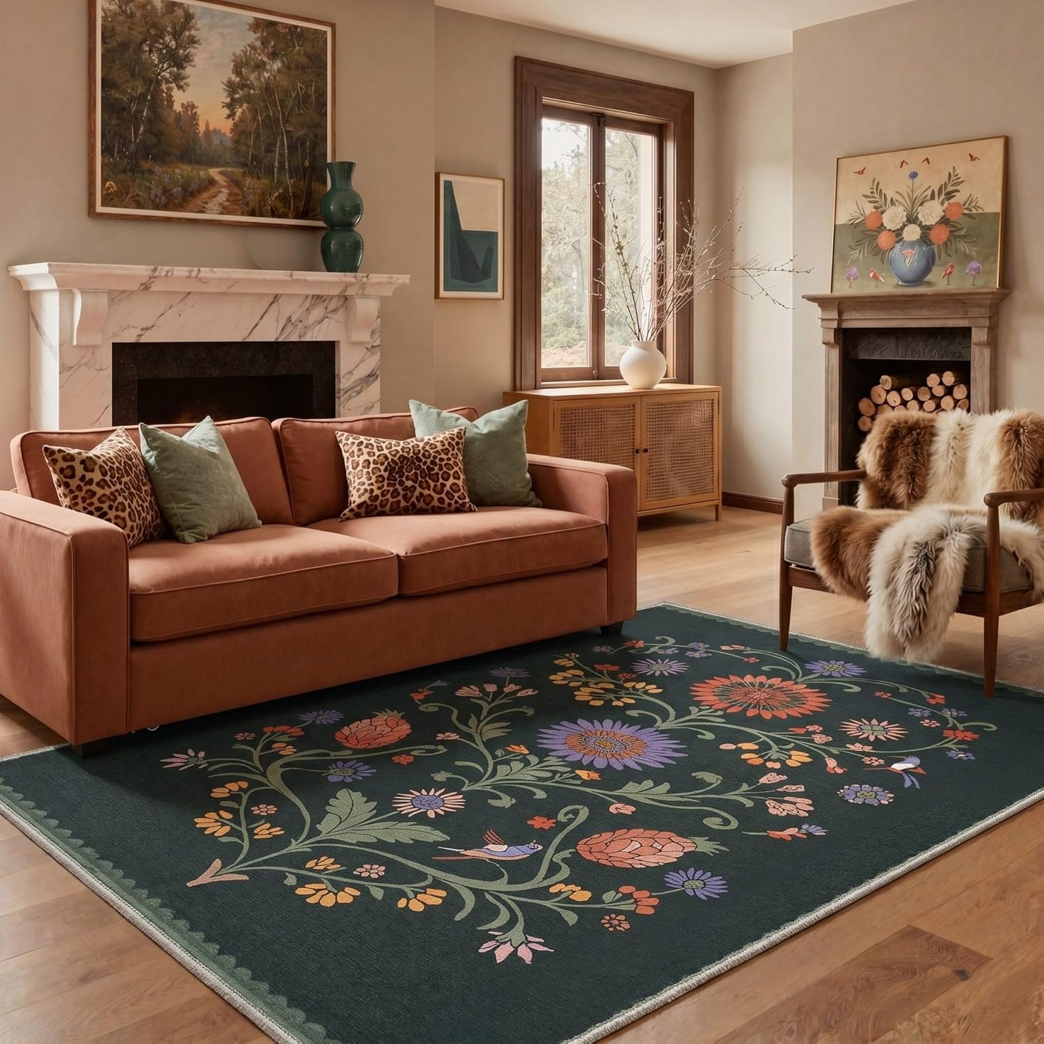image:imageGENIMO 5X7 Area Rugs for Living Room Machine Washable Modern Botanical Non Slip Low Pile Soft Rugs Vintage Floral Carpet for Bedroom Dining Room Home Office Warm BeigeForest Green
