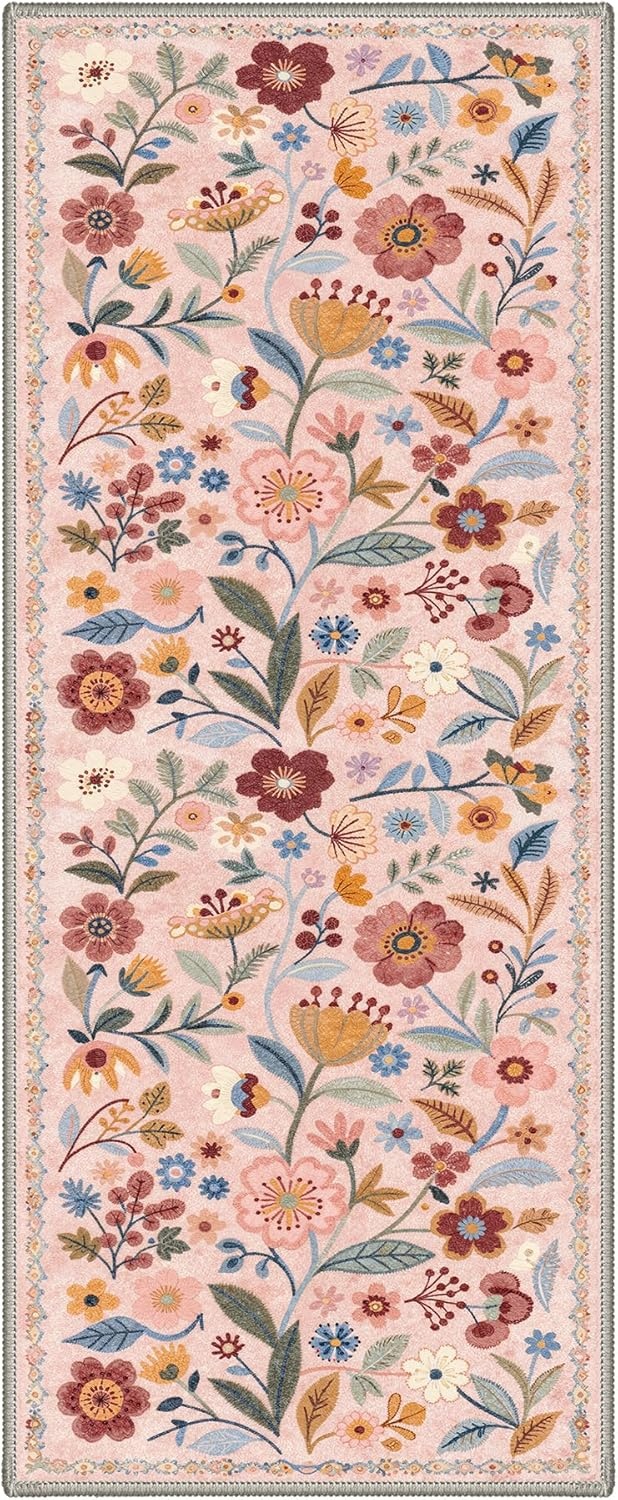 image:imageGENIMO 5X7 Area Rugs for Living Room Machine Washable Modern Botanical Non Slip Low Pile Soft Rugs Vintage Floral Carpet for Bedroom Dining Room Home Office Warm BeigeDusty Pink