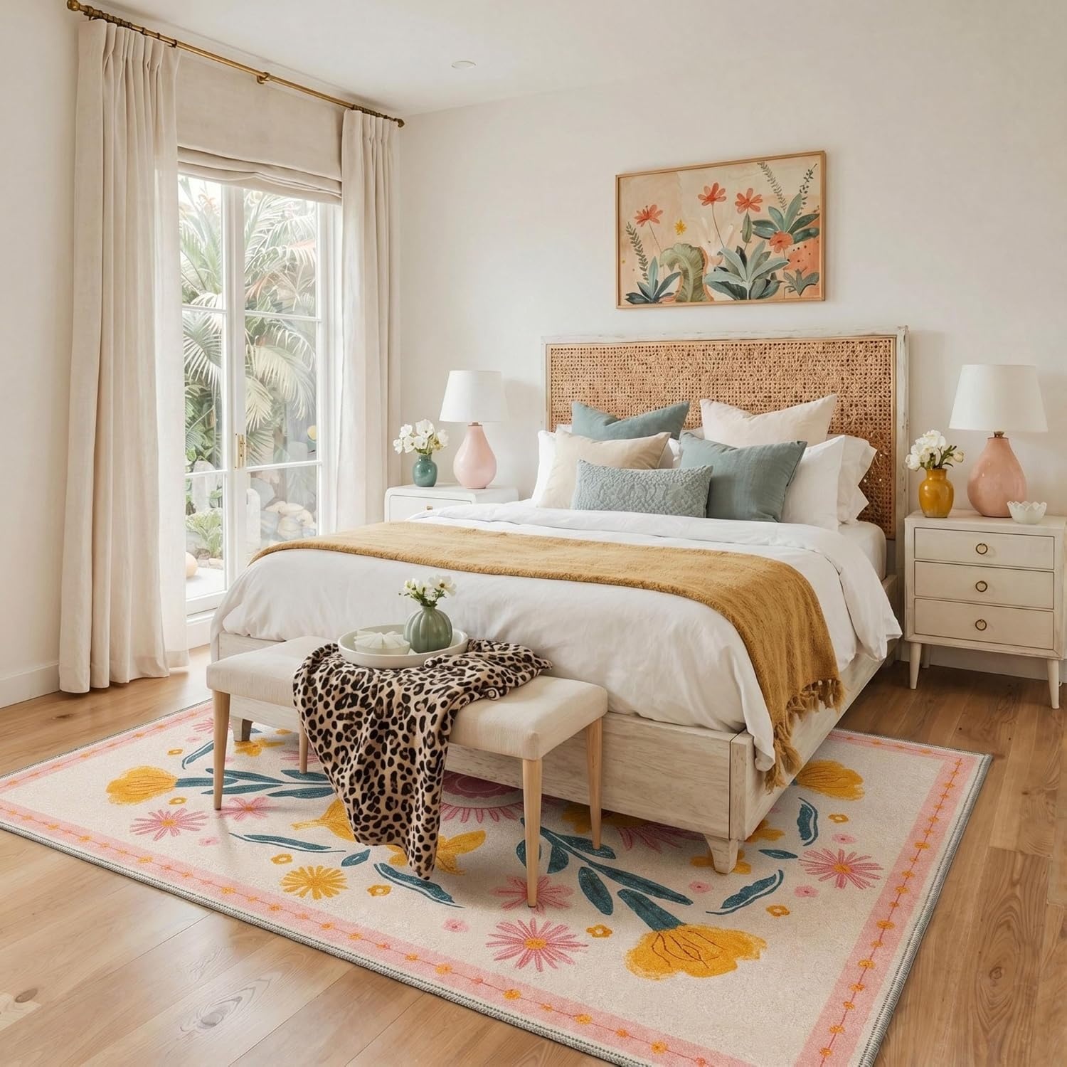 image:imageGENIMO 5X7 Area Rugs for Living Room Machine Washable Modern Botanical Non Slip Low Pile Soft Rugs Vintage Floral Carpet for Bedroom Dining Room Home Office Warm BeigeDusty Blush