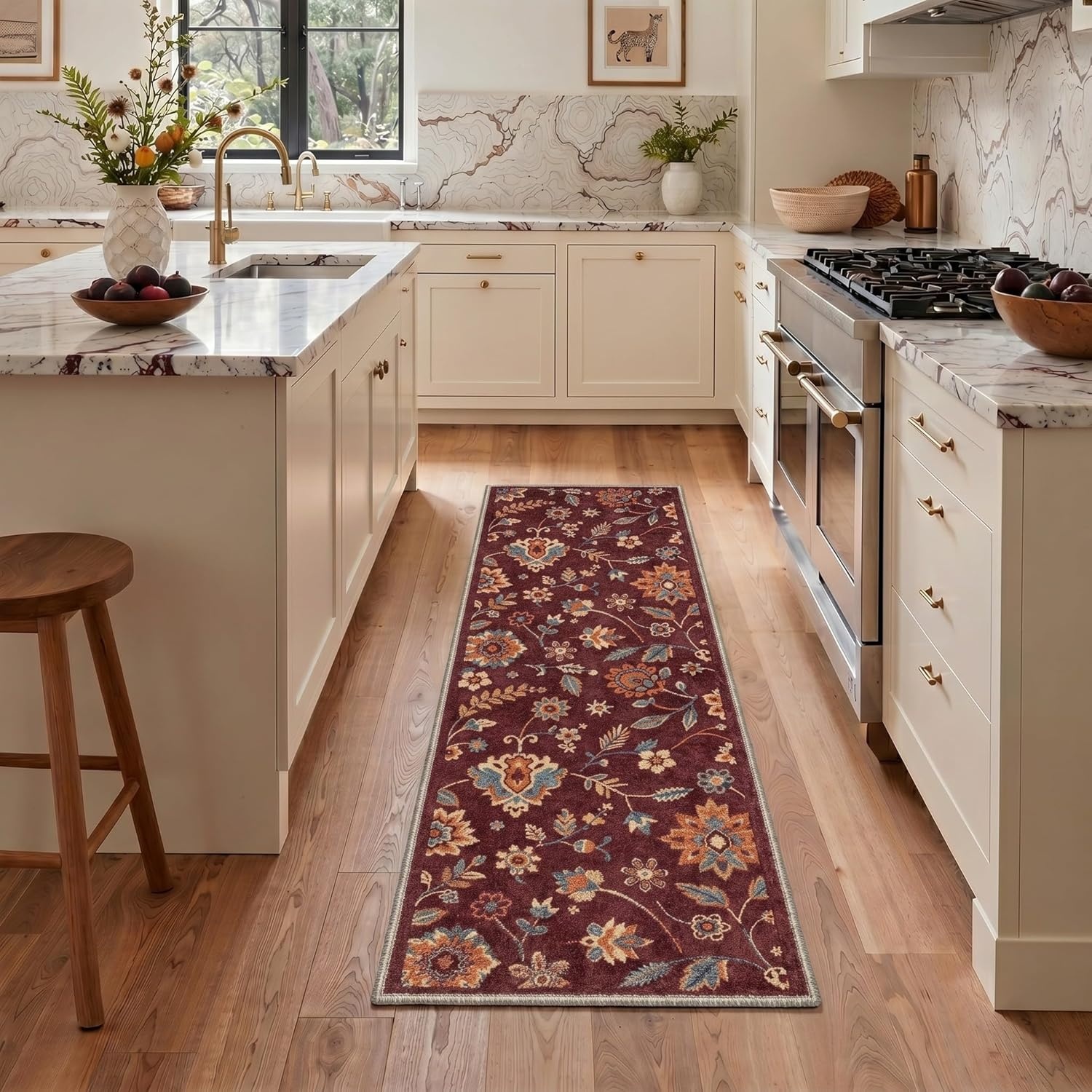 image:imageGENIMO 5X7 Area Rugs for Living Room Machine Washable Modern Botanical Non Slip Low Pile Soft Rugs Vintage Floral Carpet for Bedroom Dining Room Home Office Warm BeigeDeep Burgundy