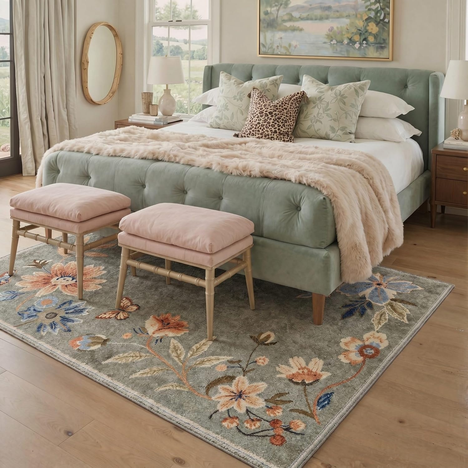 image:imageGENIMO 5X7 Area Rugs for Living Room Machine Washable Modern Botanical Non Slip Low Pile Soft Rugs Vintage Floral Carpet for Bedroom Dining Room Home Office Warm BeigeDusty Sage