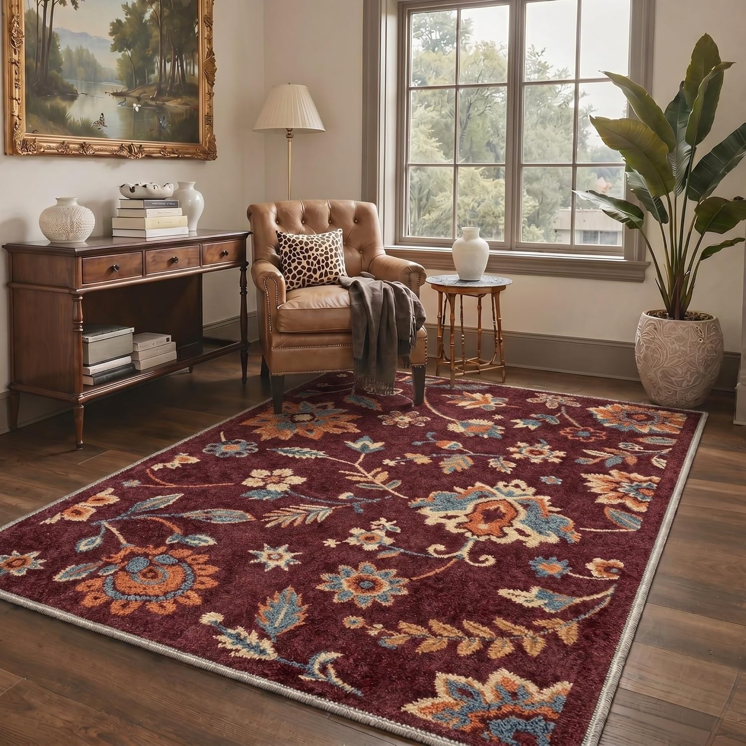 image:imageGENIMO 5X7 Area Rugs for Living Room Machine Washable Modern Botanical Non Slip Low Pile Soft Rugs Vintage Floral Carpet for Bedroom Dining Room Home Office Warm BeigeDeep Burgundy