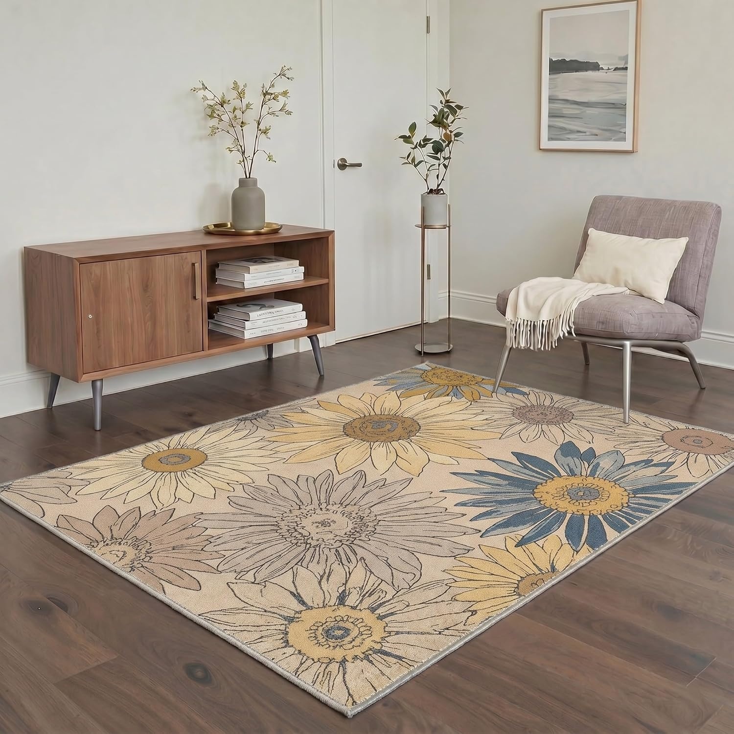 image:imageGENIMO 5X7 Area Rugs for Living Room Machine Washable Modern Botanical Non Slip Low Pile Soft Rugs Vintage Floral Carpet for Bedroom Dining Room Home Office Warm BeigeWarm Beige2