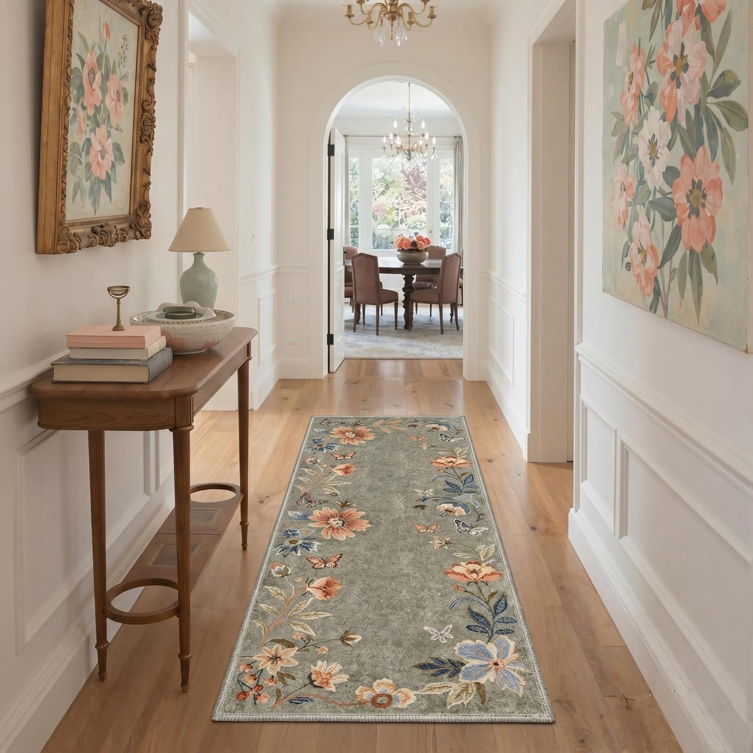 image:imageGENIMO 5X7 Area Rugs for Living Room Machine Washable Modern Botanical Non Slip Low Pile Soft Rugs Vintage Floral Carpet for Bedroom Dining Room Home Office Warm BeigeDusty Sage